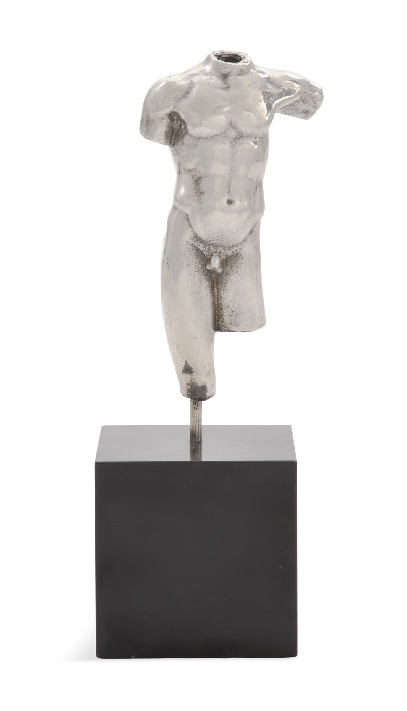 French Sterling Silver Male Torso: French Sterling Silver Male Torso 1973-1982, after the antique, presented on a black slate cubiform base. figure h. 5-3/4", w. 3"; overall h. 9-1/2", w. 4", base w. 3-1/2"