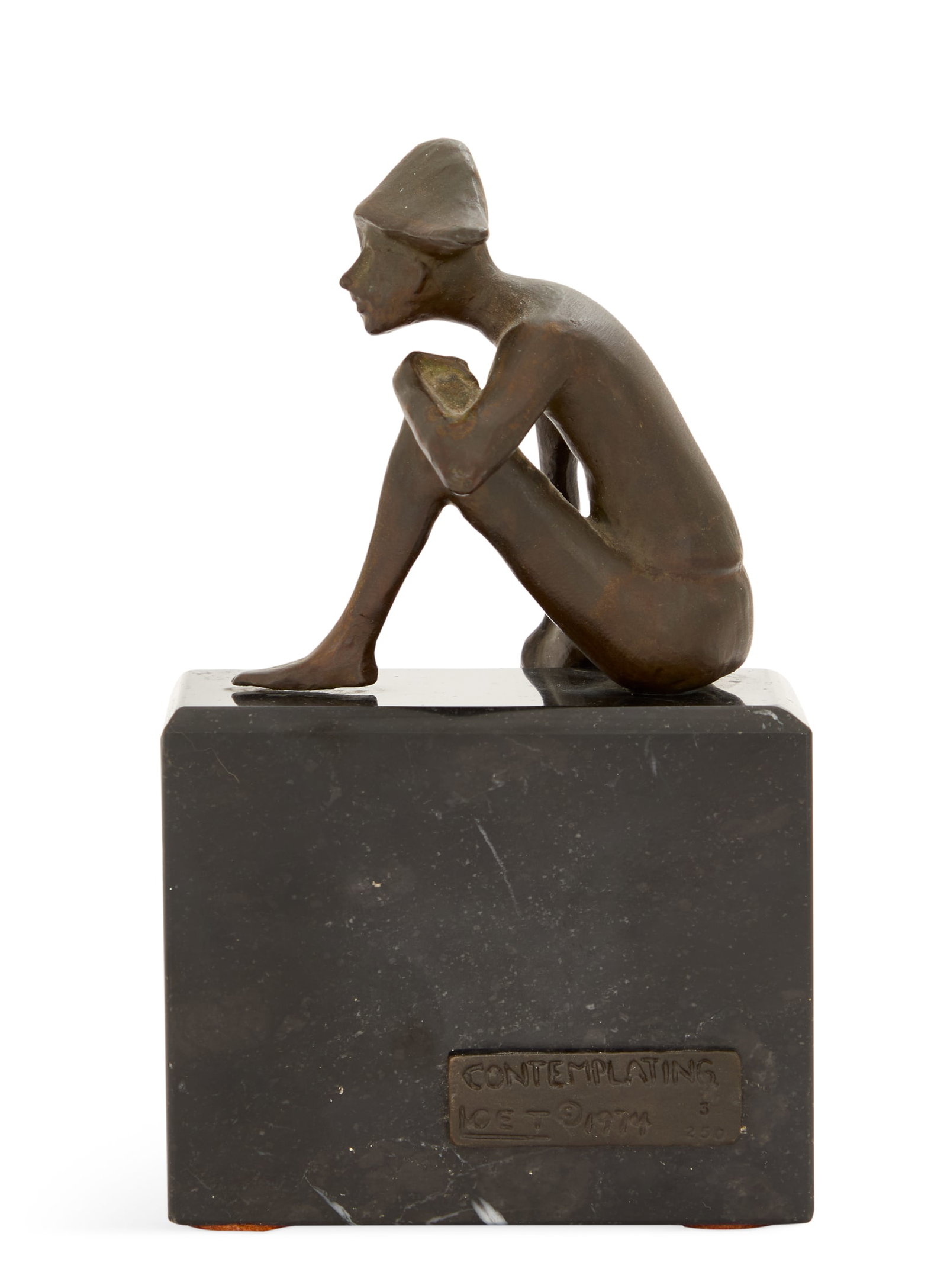 Loet (American, 20th Century): Loet (American, 20th Century) "Contemplating", 1974 patinated bronze signed, dated, titled and numbered "3/250" on plaque at proper left side of base, on an integral black marble base. h. 7-1/4", w. 3