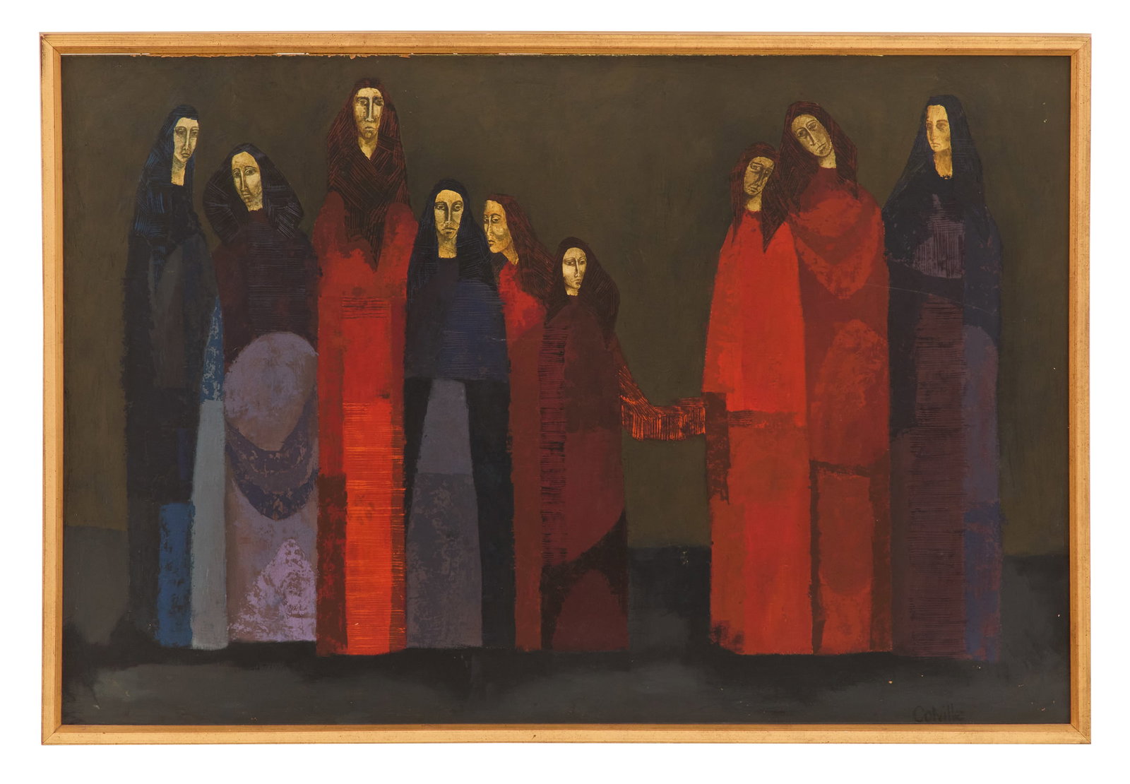 Pat Colville (American, b. 1931): Pat Colville (American, b. 1931) "Nine Figures in Red and Blue" oil on canvas board signed lower right. Framed. 24" x 36", framed 25" x 37" Provenance: Estate of Marie Bel Fay Evnochides, Houston, Tex