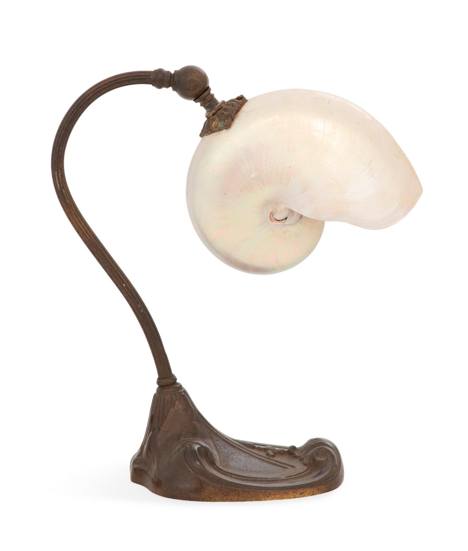 Bronze Nautilus Shell Desk Lamp: Bronze Nautilus Shell Desk Lamp first quarter 20th century, the nautilus shell mounted as a shade, on a gooseneck arm, supported on a patinated bronze heart-shaped base decorated with bellflowers and 