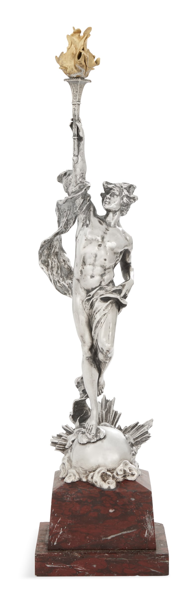 French Silvered-Bronze & Marble Statue of Helios: French Silvered-Bronze and Marble Statue of Helios late 19th century, the sun god holding aloft a torch with bronze dore flames, one foot resting on the sun, mounted on a pylon-form red griotte marble
