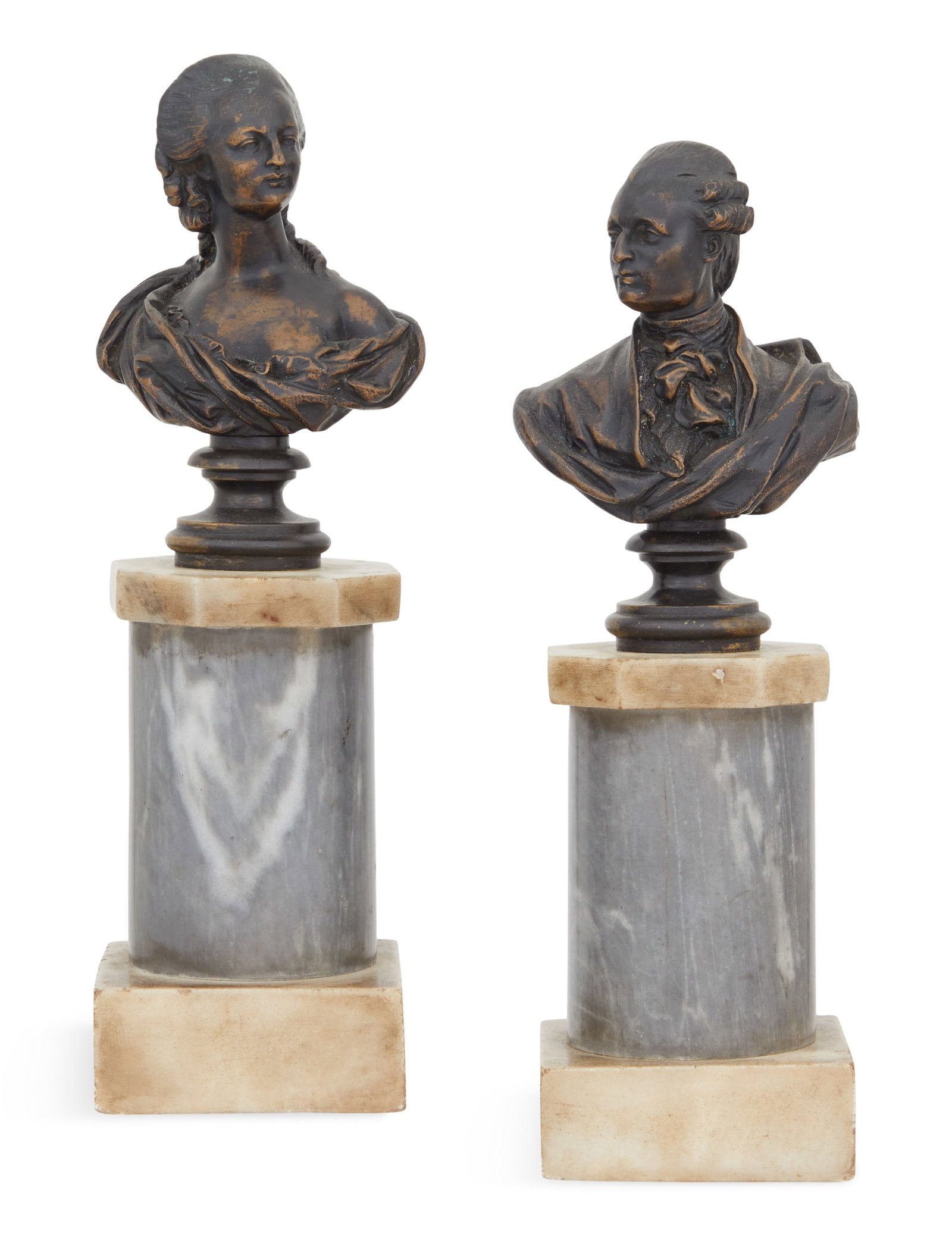 Busts of Louis XVI and Marie Antoinette: Pair of French Patinated Bronze and Marble Busts of Louis XVI and Marie Antoinette 19th century, the busts mounted on gray-and-white-mottled marble column-form plinths, with white marble caps and base