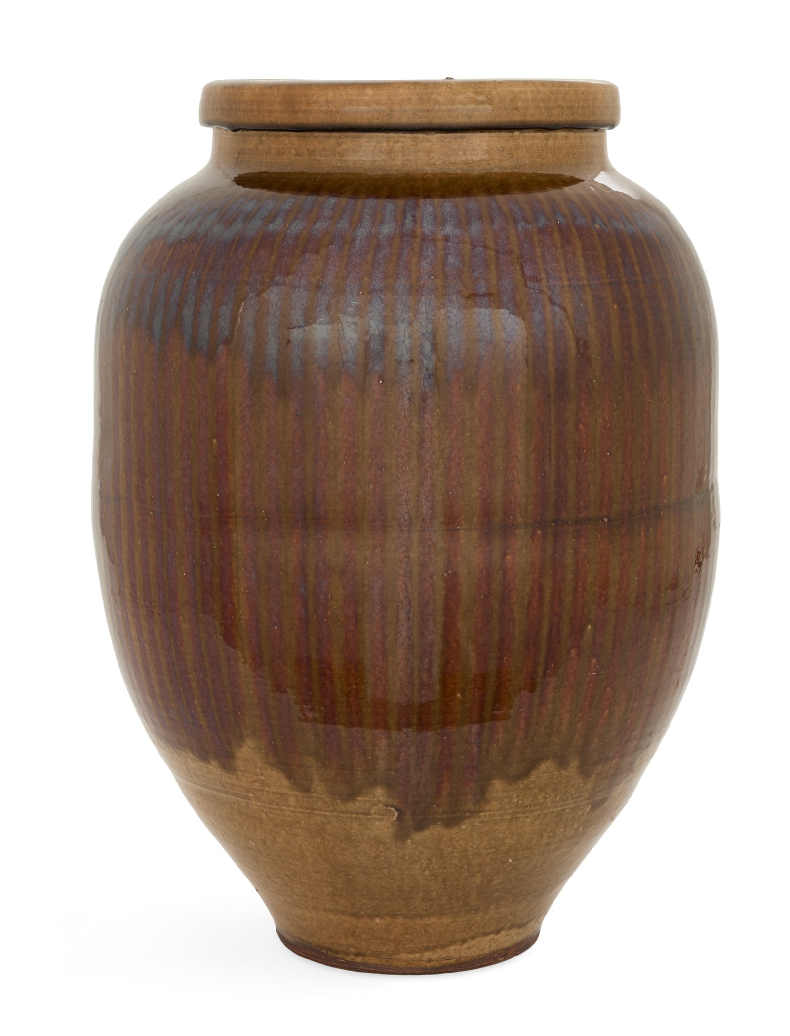 Chinese Pottery Vessel: Chinese Pottery Vessel 20th century, the greenish-brown alkaline-glazed body with brown flambe "drips" from the shoulders down the sides. h. 23-1/2", dia. 13-1/4" Provenance: The collection of Clarenc