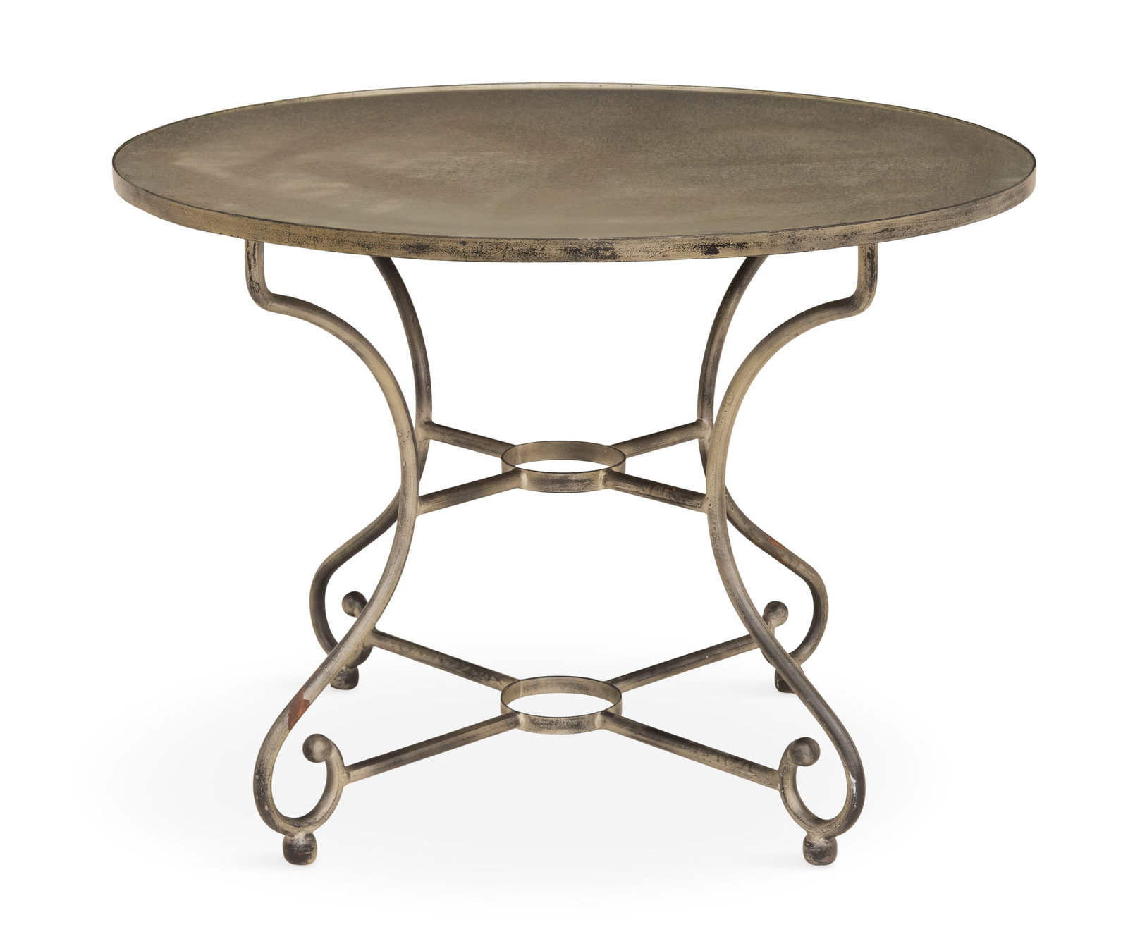 Neoclassical-Inspired Iron and Mirrored Table: Neoclassical-Inspired Iron and Mirrored Table 20th century, the circular top with an inset distressed plate-glass mirror, supported by four scrolled tubular iron legs joined by X-and-ring stretchers. 