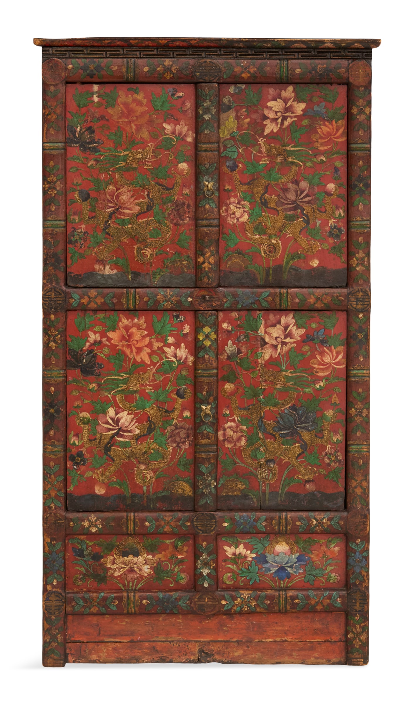 Painted Tibetan Chest: Painted Tibetan Chest 20th century, set with two pairs of hinged doors, with a gilt-accented and carved fret border at the top, the body painted with a profusion of blossoms and peonies among swirling