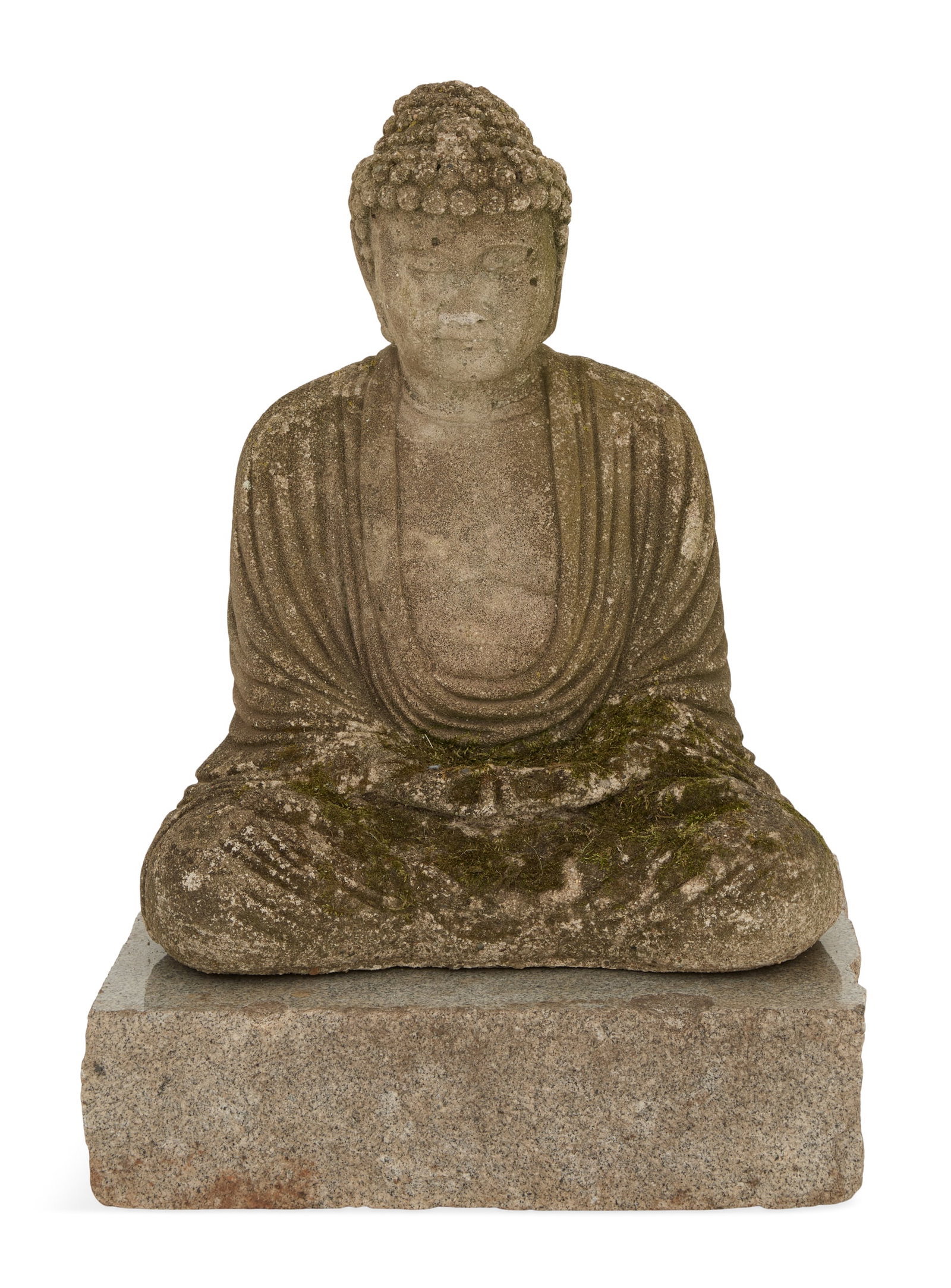 Cast-Stone and Granite Buddha: Cast-Stone and Granite Buddha early 20th century, retaining a rich patinated surface, now on a granite base with rough-cut sides. h. 21-1/2", w. 15", d. 12"