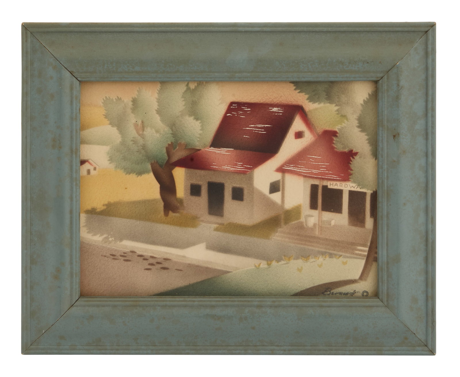 American School (20th Century): American School 20th Century "Hardware Store" watercolor on paper signed "Bernard" lower right. Glazed and framed. sight 5-1/2" x 7-1/2", framed 8-1/4" x 10-1/4"