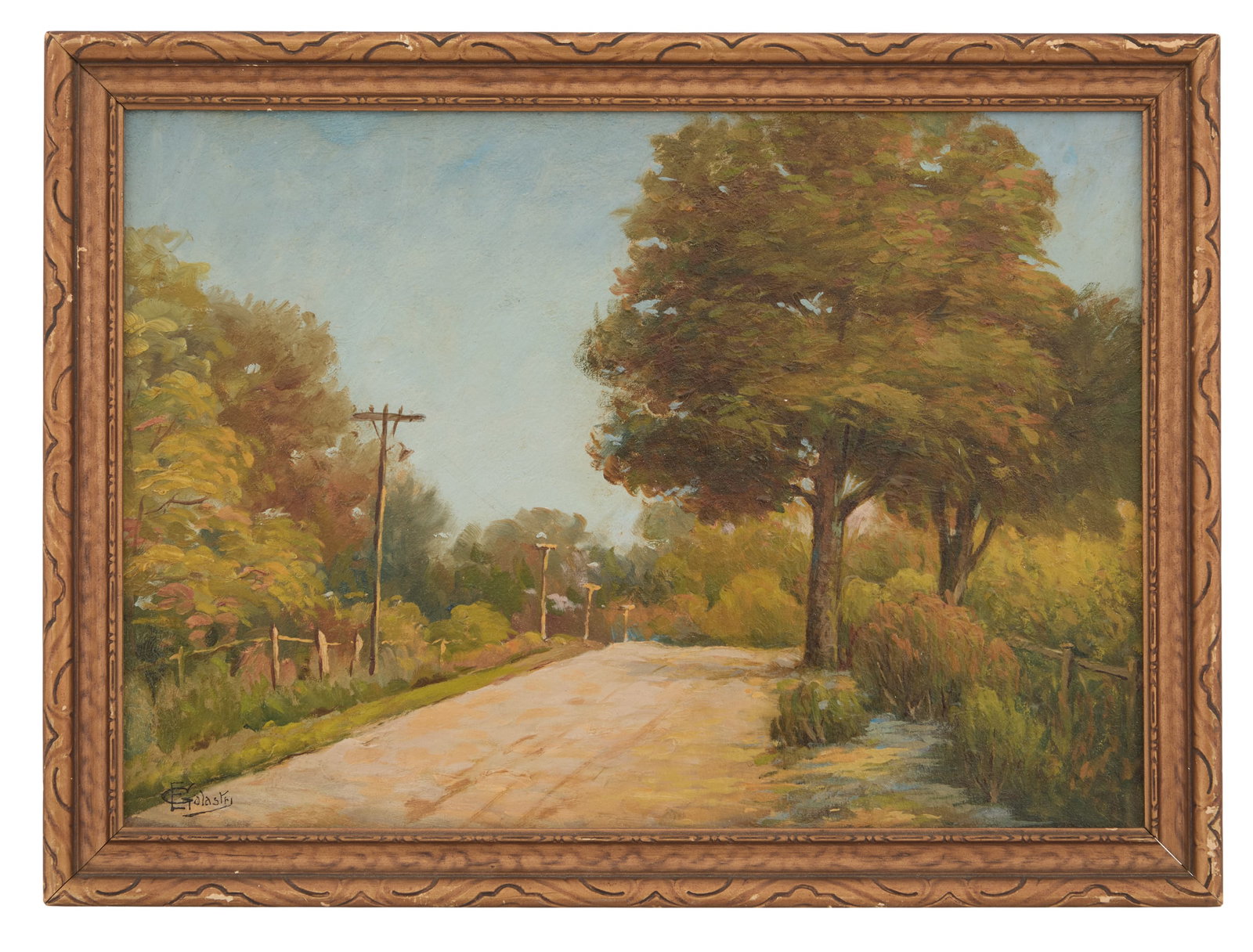 E. Galastry (US/Louisiana, Early 20th Century): E. Galastry (American/Louisiana, Early 20th Century) "Early Fall in Luisiana [sic]" oil on board signed lower left, and titled en verso. Framed. 9-3/4" x 13-3/4", framed 11-1/2" x 15-1/2"
