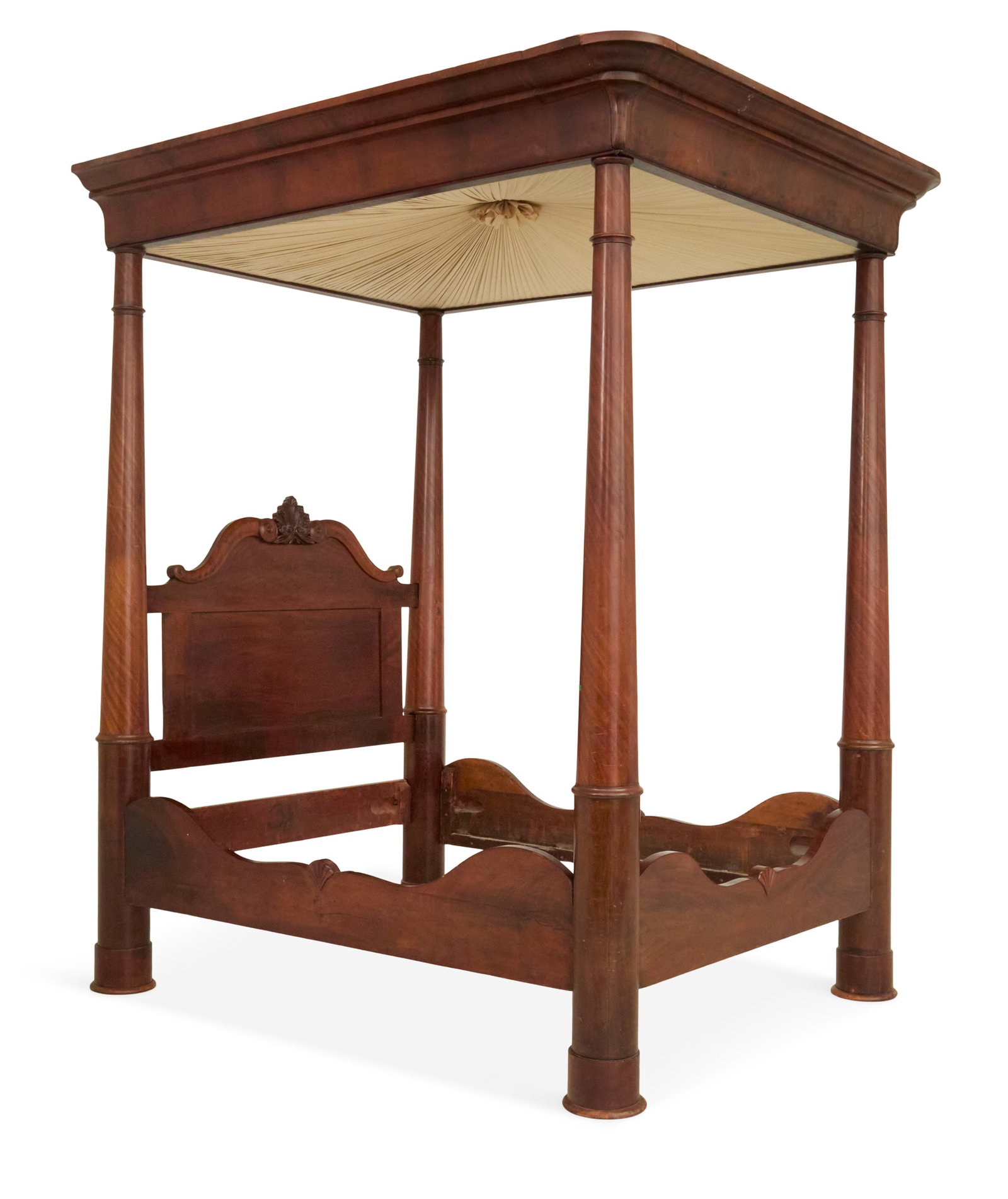 American Late Classical Mahogany Canopy Bed: American Late Classical Mahogany Canopy Bed mid-19th century, attributed to C. Lee, Manchester, Massachusetts, the double ogee-molded canopy supported by large turned posts, with a paneled headboard c