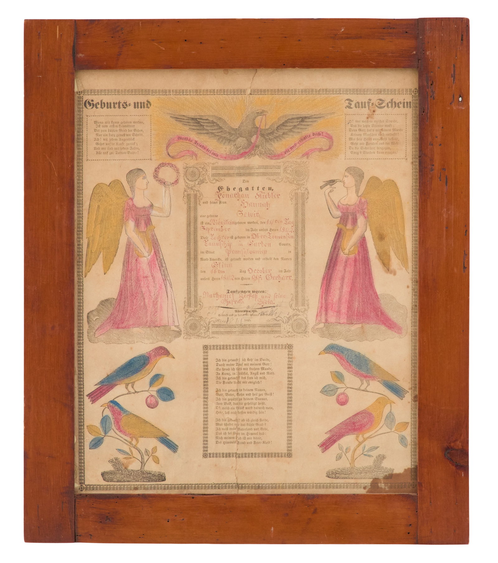 Pennsylvania Fraktur "Geburt und Taufe Schein": Pennsylvania Fraktur, 1845 "Geburt und Taufe Schein (Birth and Baptismal Certificate)" watercolor-enhanced engraving. Glazed and framed. sight 16-1/4" x 13-1/4", framed 20-3/4" x 17-1/2" Provenance: