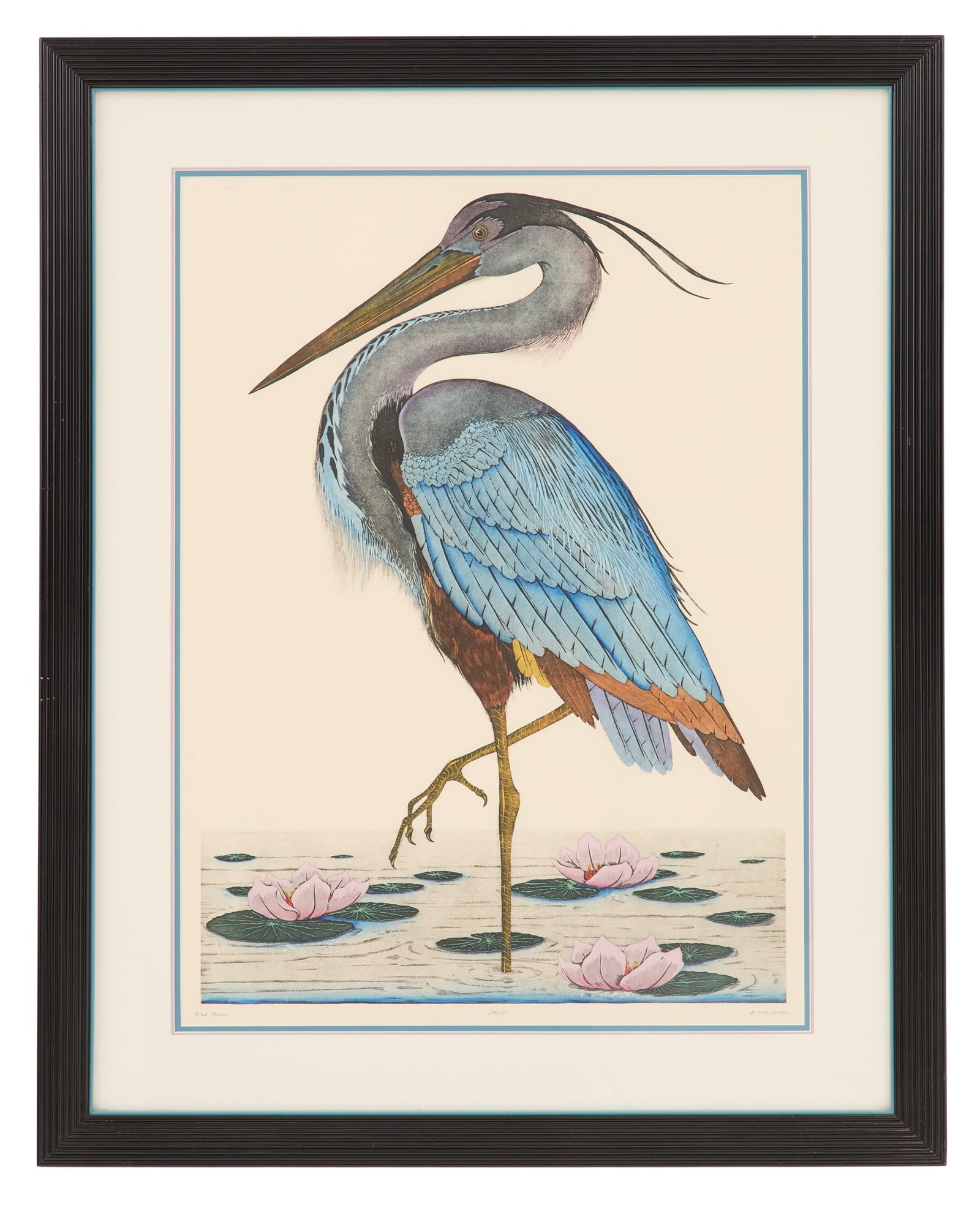 Dan Mitra (American, 20th Century): Dan Mitra (American, 20th Century) "Blue Heron" etching and aquatint on paper pencil-signed lower right, titled lower left, and numbered lower center. Matted, glazed and framed. sight 32-1/2" x