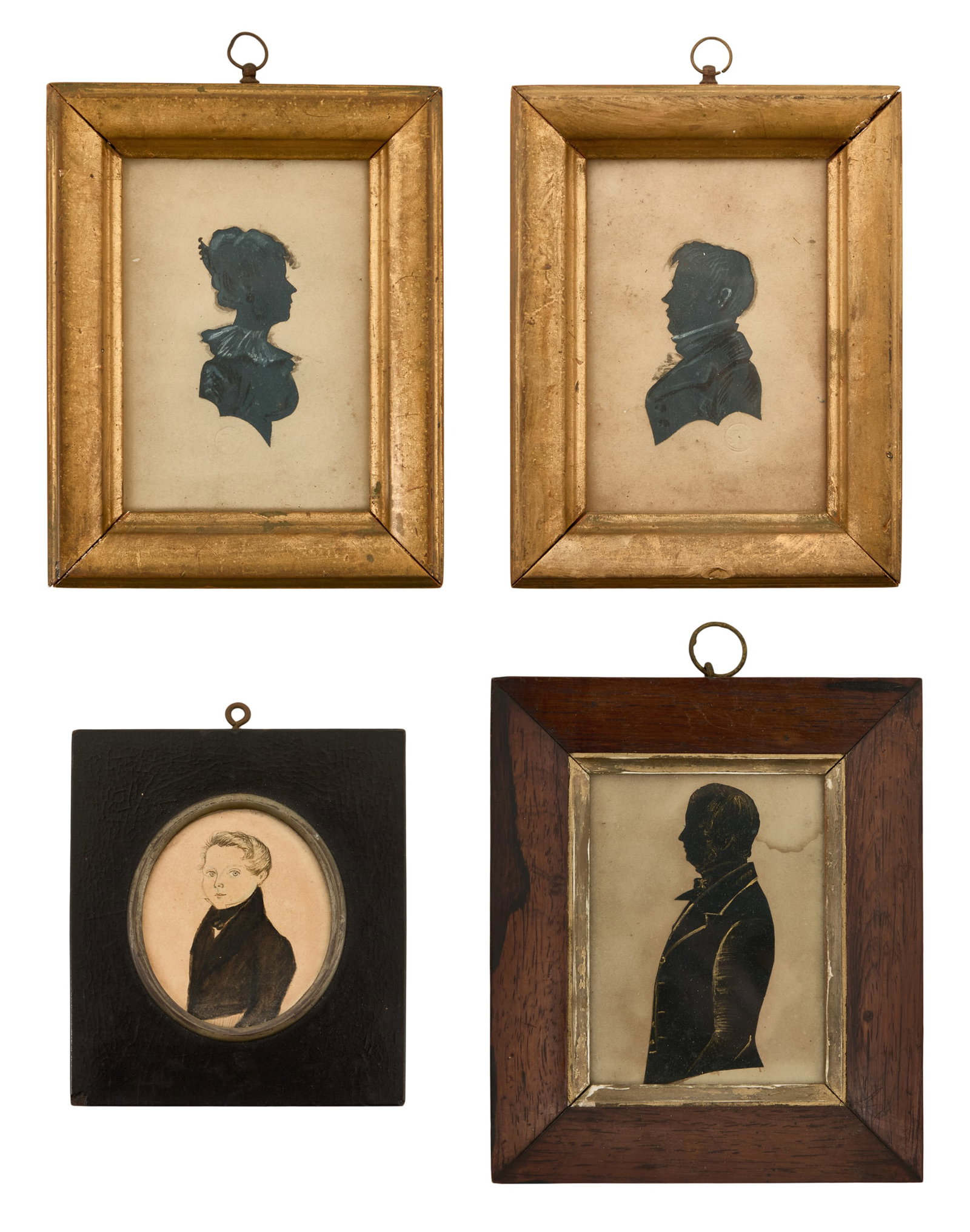 American School (Early 20th Century): American School Early 20th Century "Pendant Pair of Silhouettes of a Couple", "Silhouette of Older Gentleman" and "Miniature of Young Boy" three color-enhanced silhouettes and a watercolor and ink min