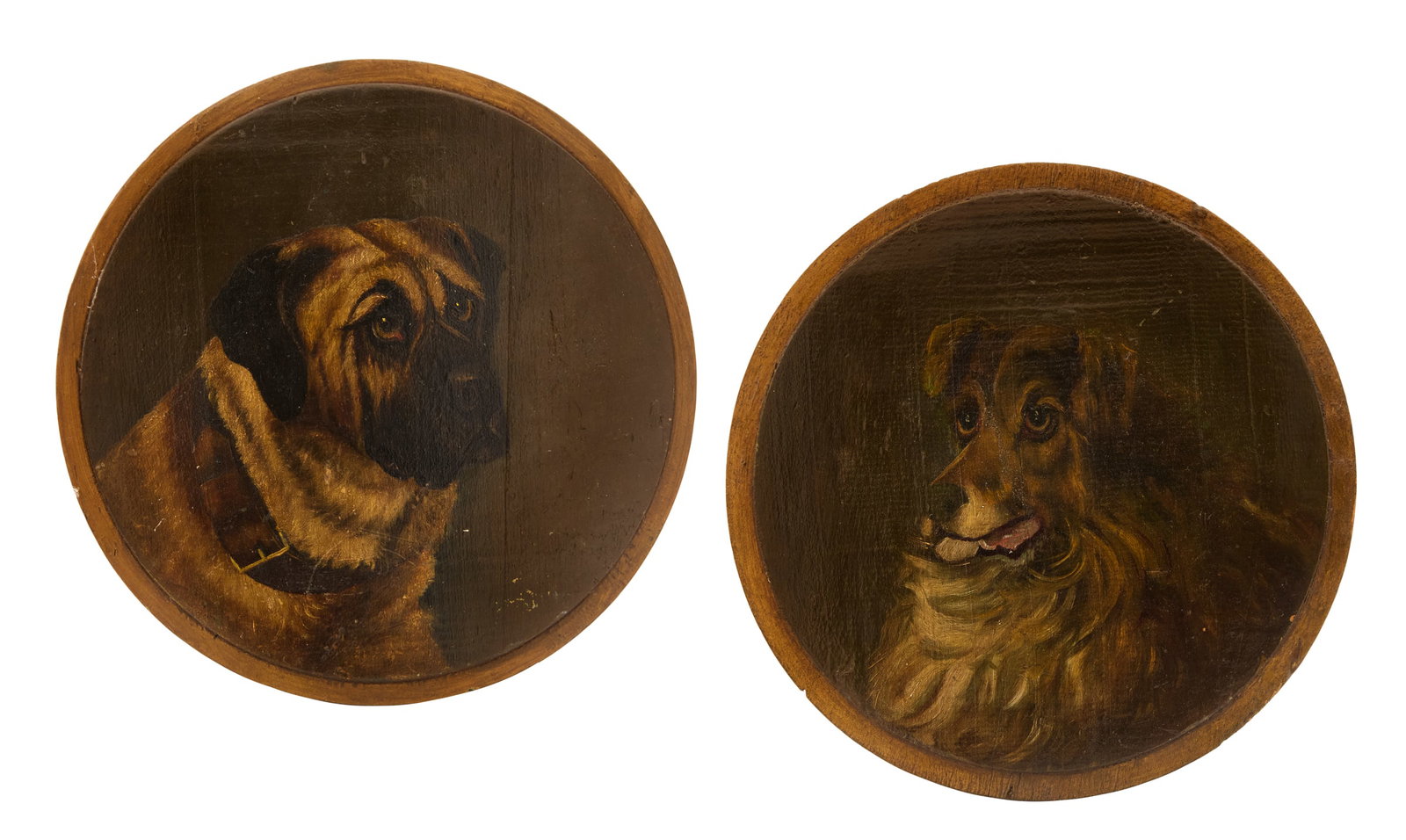 American Tobacco Company Advertising Panels: American Tobacco Company Advertising Panels of Dogs Late 19th Century, including "Black-Masked Bullmastiff with Leather Collar" and "Rough Coated Collie" two oils on circular wood panels, one with a