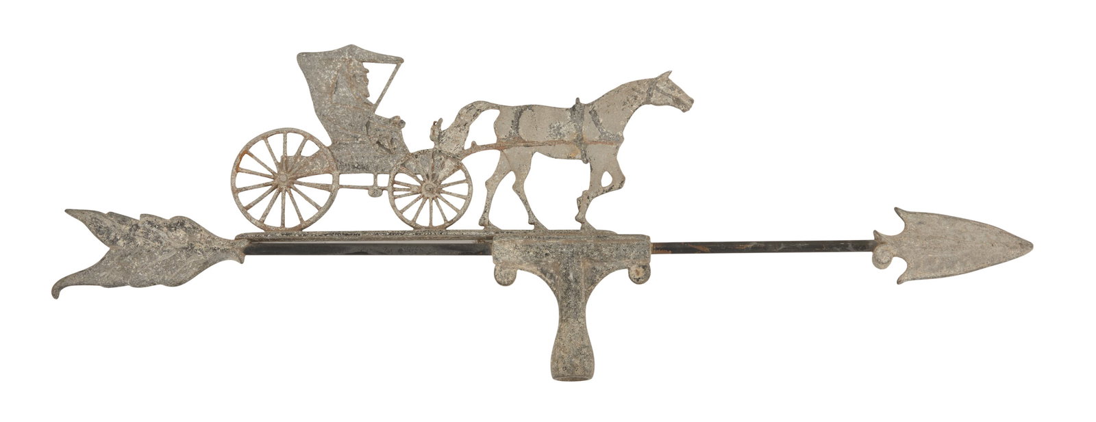 Cast-Aluminum Horse and Buggy Weather Vane: Cast-Aluminum Horse and Buggy Weather Vane 20th century, well detailed, the buggy with pierced wheels, on a molded arrow. h. 10-1/2", l. 30-1/2"
