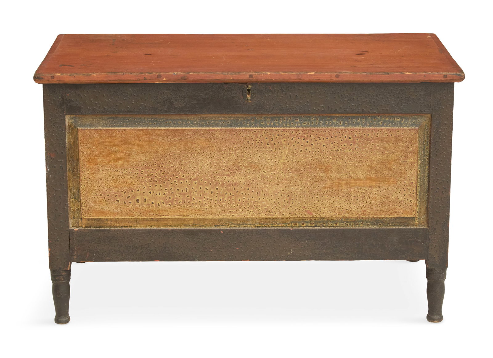 New England Raised Paneled Blanket Chest: New England Raised Paneled Blanket Chest 19th century, white pine, red-painted top with a brown frame, raised on turned feet, panels with mustard vinegar graining, bevels painted dark green, top with