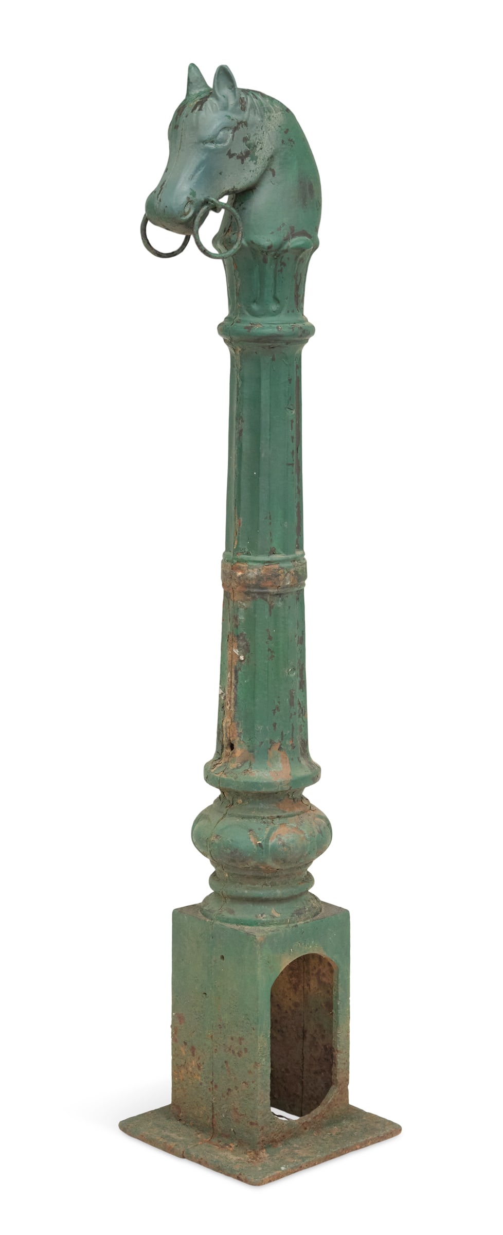American Painted Cast-Iron Figural Hitching Post: American Painted Cast-Iron Figural Hitching Post 20th century, the horse-head finial with two rings for securing horses, on a tapered, fluted standard, above a pierced base. h. 52-1/2", w. 9-3/4", d.