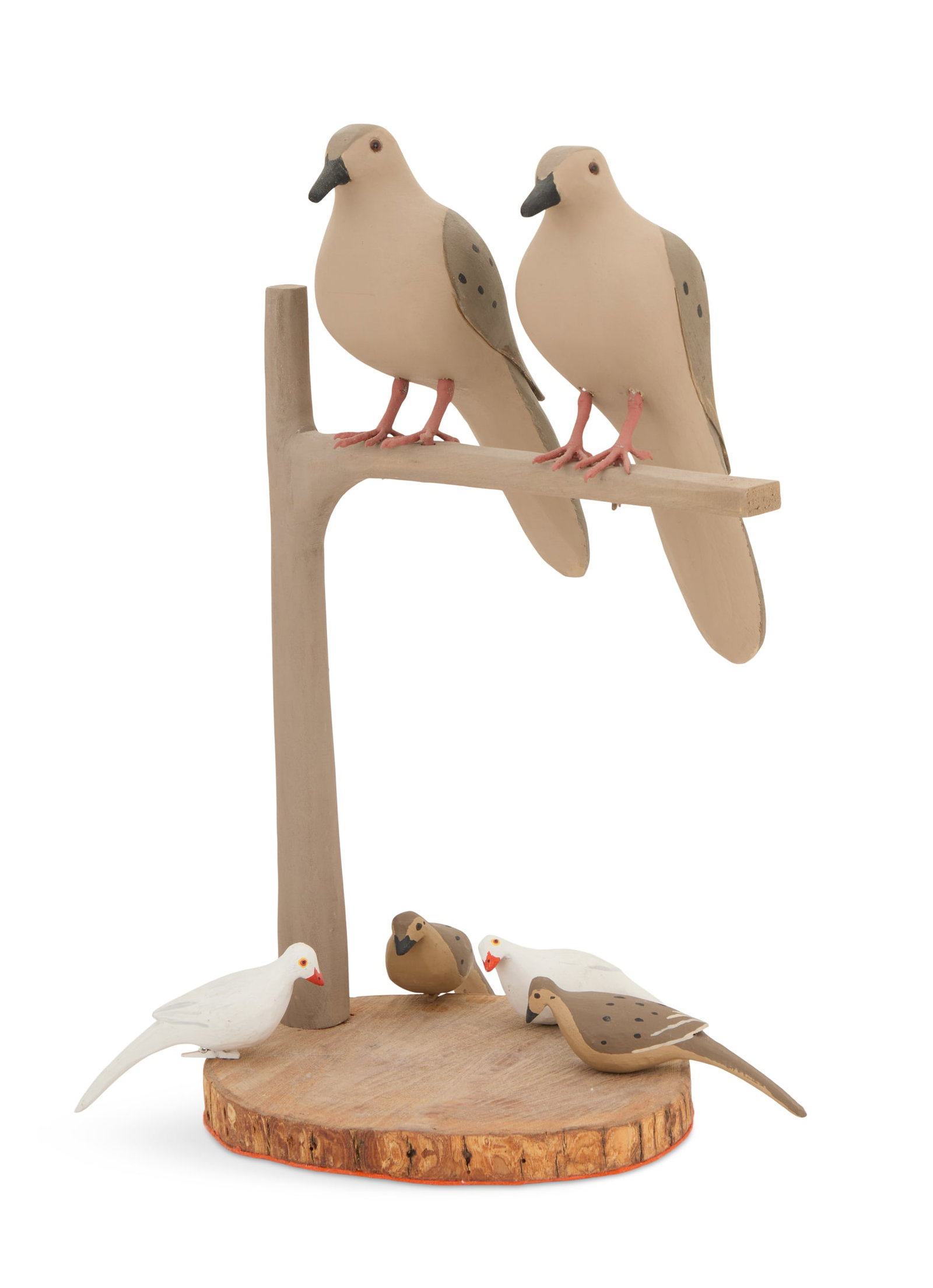 Octave Monnier (American/Raceland, LA, 1921-2000): Octave Monnier (American/Raceland, LA, 1921-2000) "Two Doves Perched on Branch and Four Miniature Doves" carved and painted wood decoys on wood base three miniatures signed en verso. 17" x 10-1/4" and