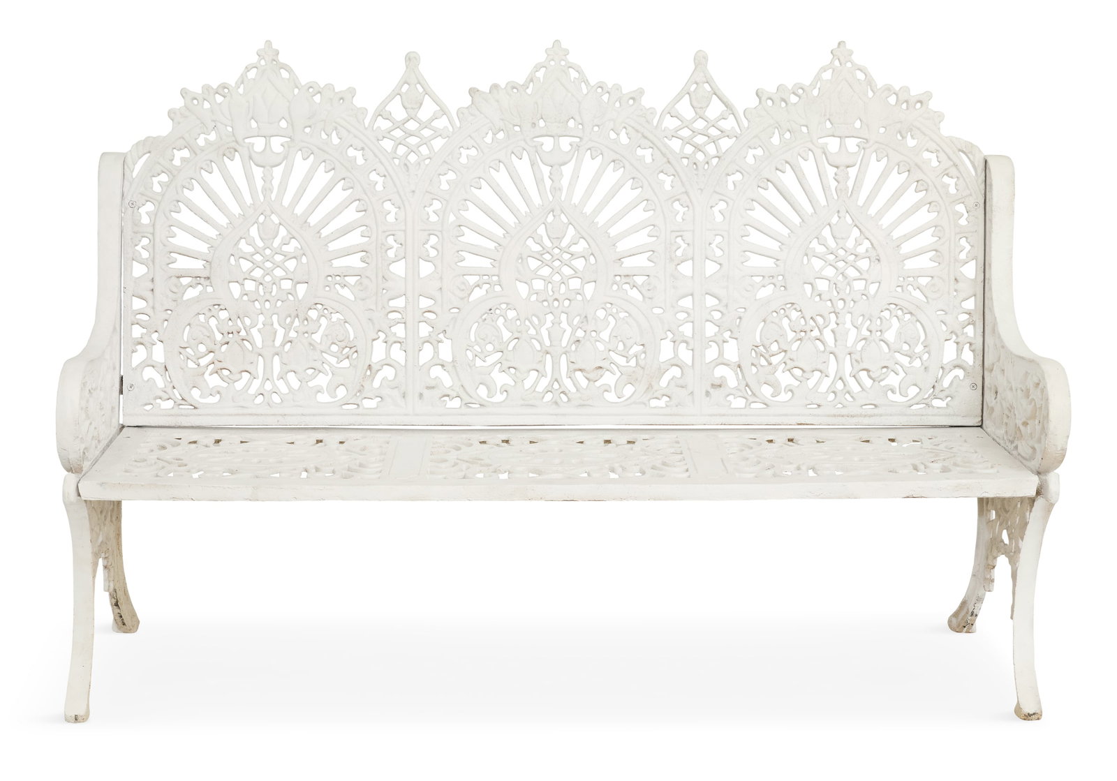 Large Painted Cast Iron Garden Bench: Large Painted Cast Iron Garden Bench in a triple-back "Peacock" pattern, based on one of Coalbrookdale's designs from 1853, with pierced arms and iron paneled seat. h. 47", w. 71", d. 22"