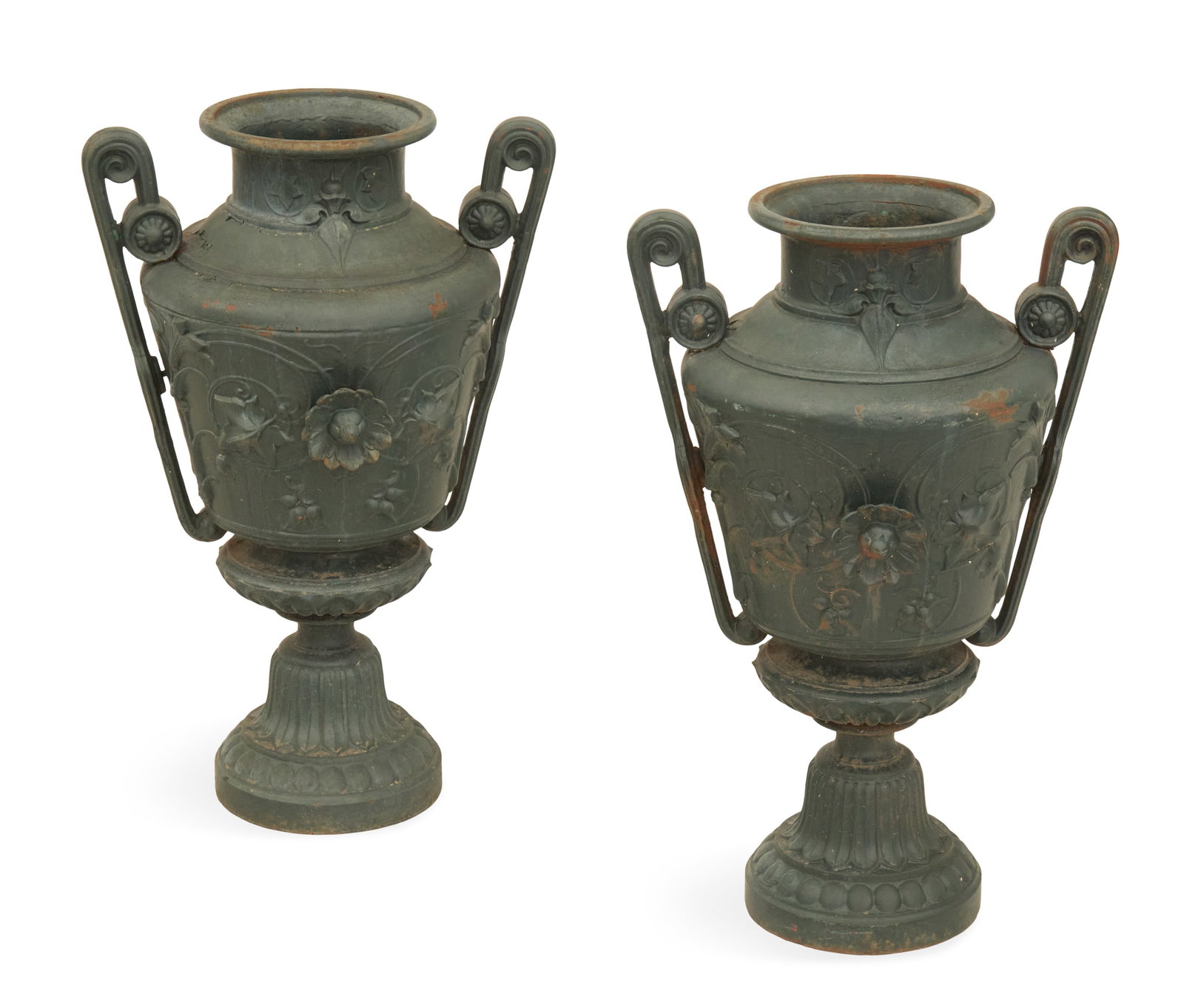Pair of Cast-Iron Garden Urns: Pair of Cast-Iron Garden Urns in the Neo-Grec Taste ca. 1900, the tapered urns decorated with applied sunflowers on a ground of bas-relief ivy vines, set with handles decorated with medallions and