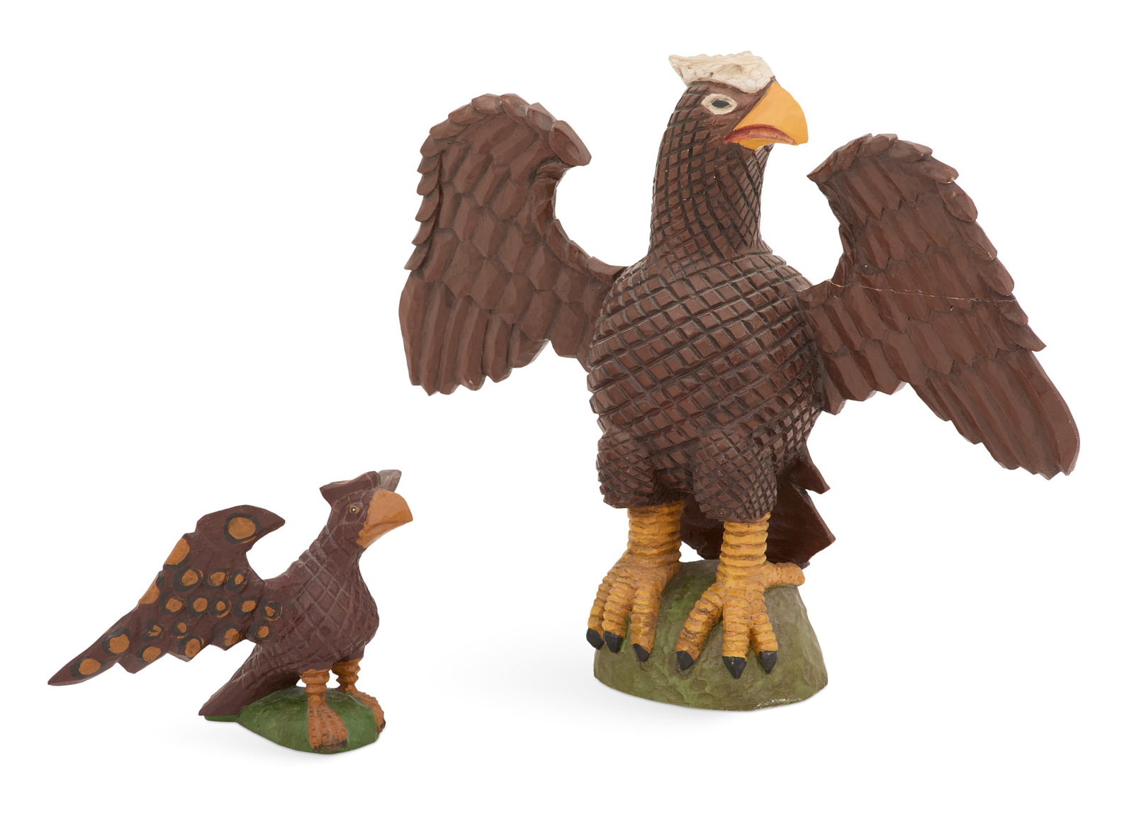 Manner of Wm. Schimmel (German/PA, 1817-1890): Manner of Wilhelm Schimmel (German/Pennsylvania, 1817-1890) "American Eagle with White Crest" and "American Eagle with Brown Crest", 1879 two carved and painted wood sculptures signed "Al Klein rep
