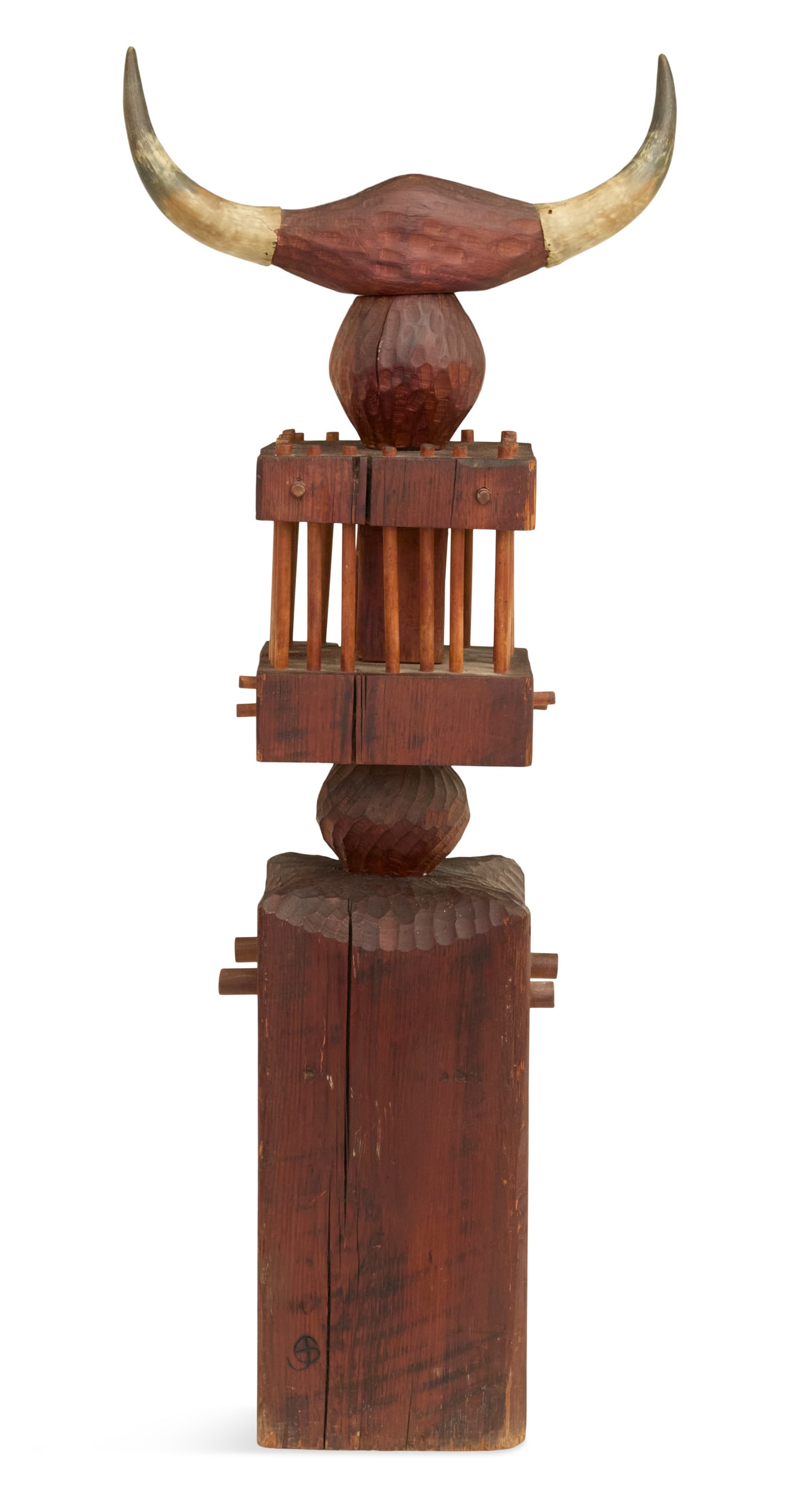Southern Folk Art School (20th Century): Southern Folk Art School Mid-to-Late 20th Century "Totem: Spiritual Guide" wood and horn unsigned. 51-1/2" x 12" x 12" Provenance: The collection of Norbert Deshotels, Lafayette, Louisiana.