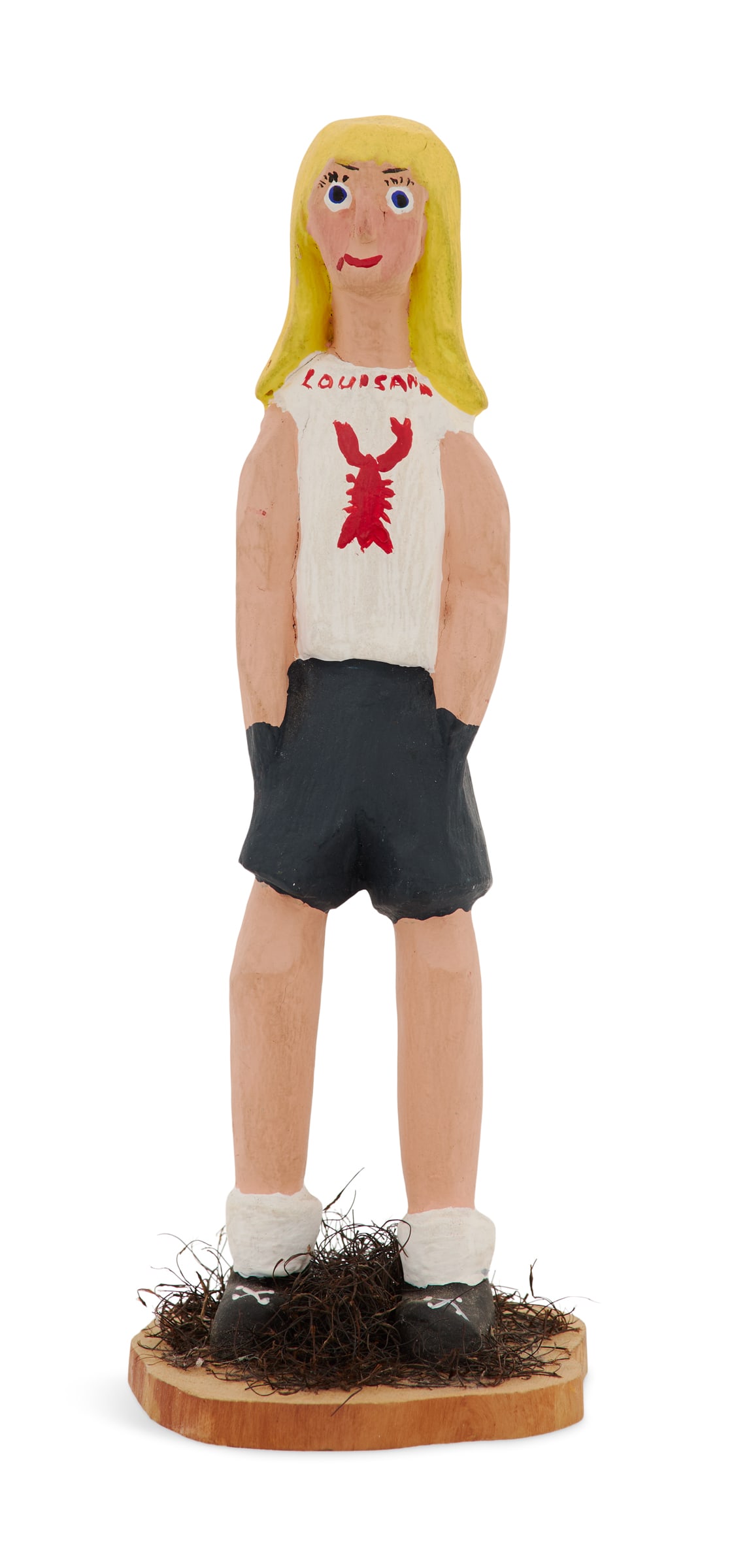 Rita Stelly Fontenot (US/Louisiana, 1946-2003): Rita Stelly Fontenot (American/Louisiana, 1946-2003) "Louisiana Girl", ca. 2019 carved and painted wood sculpture signed en verso of base. 8" x 2" Provenance: The collection of Norbert Deshotels,