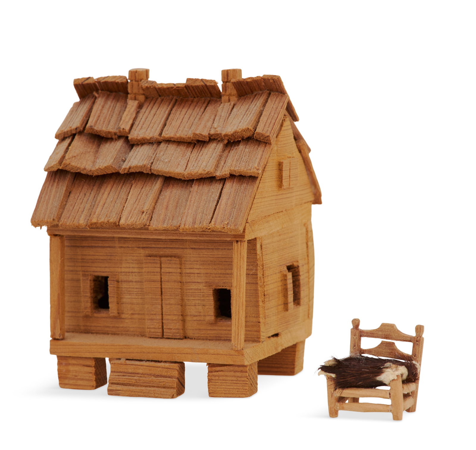 Rita Stelly Fontenot (US/Louisiana, 1946-2003): Rita Stelly Fontenot (American/Louisiana, 1946-2003) "Acadian Cabin and Chair" cypress and horsehair unsigned. 3-1/2" x 2-3/4" and 1" x 3/4" Provenance: The collection of Norbert Deshotels,