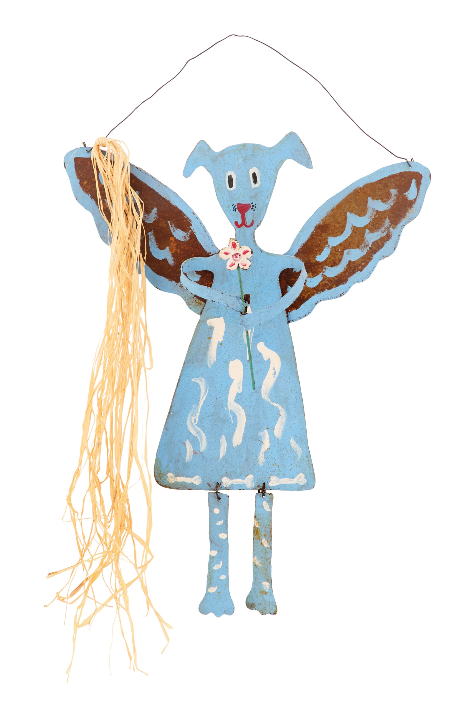 American Folk Art School (Contemporary): American Folk Art School Contemporary "Dog Angel", 2001 painted metal with raffia signed "Ann" and dated en verso. 23" x 20" Provenance: The collection of Norbert Deshotels, Lafayette, Louisiana.