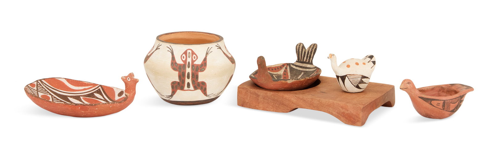 Animal Figural/Decorated Pueblo Pottery: Five Pieces of Animal Figural/Decorated Pueblo Pottery including: a Quanita Kalestewa (Zuni, b. 1932) olla, tan clay with red and black frogs on white ground slip decoration, signed sgrafitto undersid