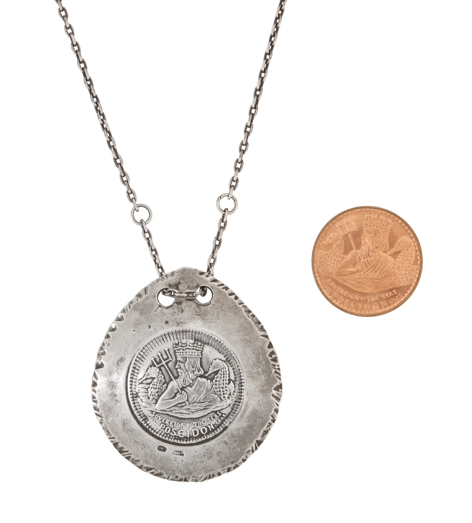 H. Alvin Sharpe (American/New Orleans, 1910-1982): H. Alvin Sharpe (American/New Orleans, 1910-1982) "Poseidon", designed 1961 sterling silver pendant with chain. Together with a copper 1974 Krewe of Poseidon doubloon from the same die, the reverse wi