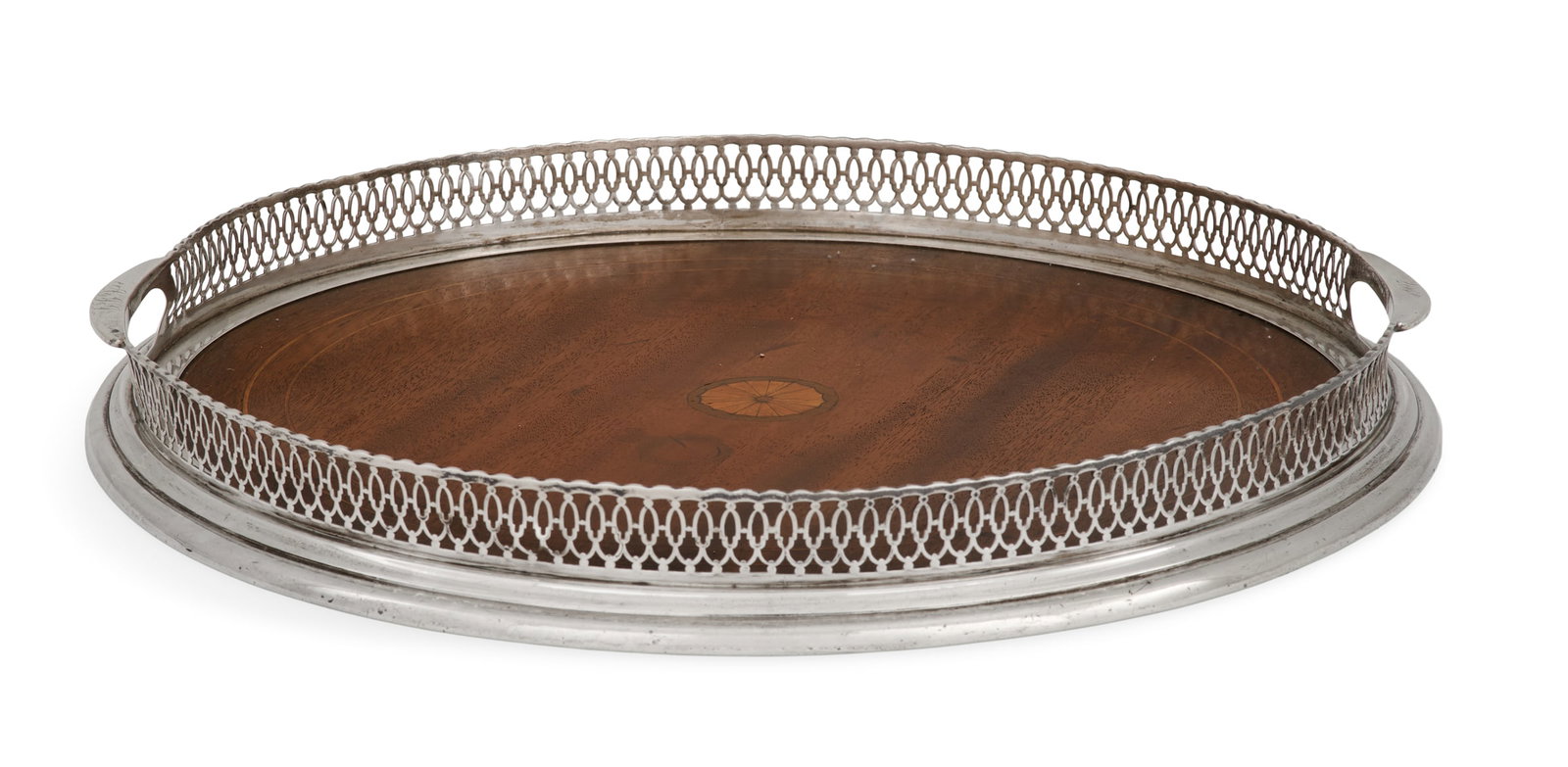 American Sterling Silver-Galleried Drinks Tray: American Sterling Silver-Galleried Wooden Drinks Tray dated 1907, by Dominick & Haff, New York, New York, the pierced silver gallery with molded base and integral handles, the mahogany plateau inlaid