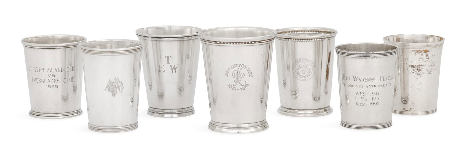 Seven Sterling and Silverplate Julep Cups: Seven Sterling and Silverplate Presentation Julep Cups second half 20th century, including sterling examples: Empire, with presentation inscription of Woodberry Forest School to Eli W. Tullis, 1997-20