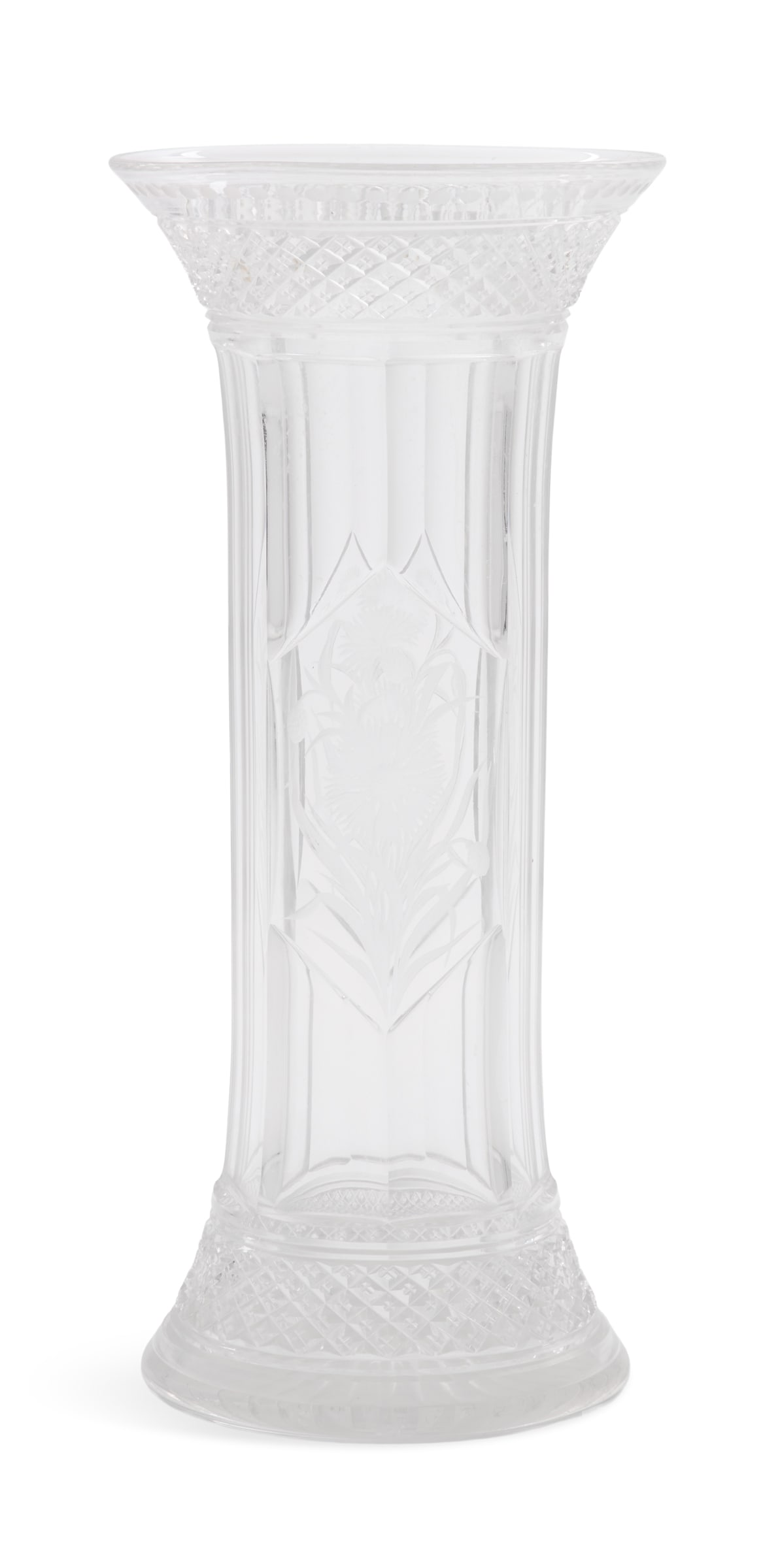 Brilliant Period Cut-Glass Tower Vase: Brilliant Period Cut-Glass Tower Vase ca. 1904-1928, attributed to H.P. Sinclaire, in the "Diamonds and Silver Threads" pattern, engraved with a pair of cornflowers. h. 12", dia. 5-1/2" Provenance: