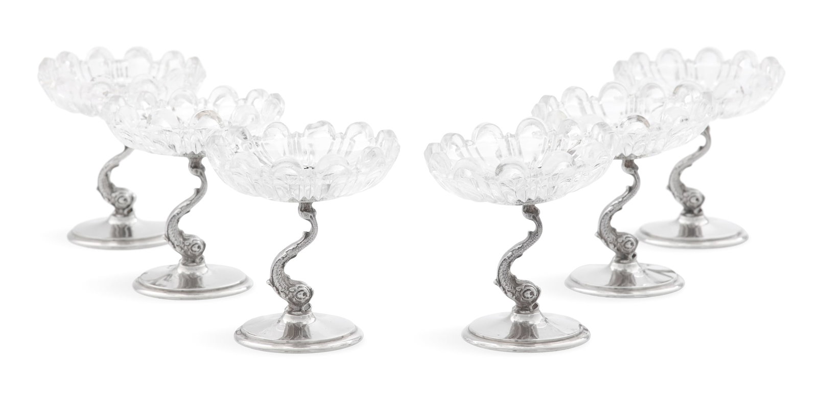 Six Sterling Silver & Glass Standing Salt Cellars (1 of 3)