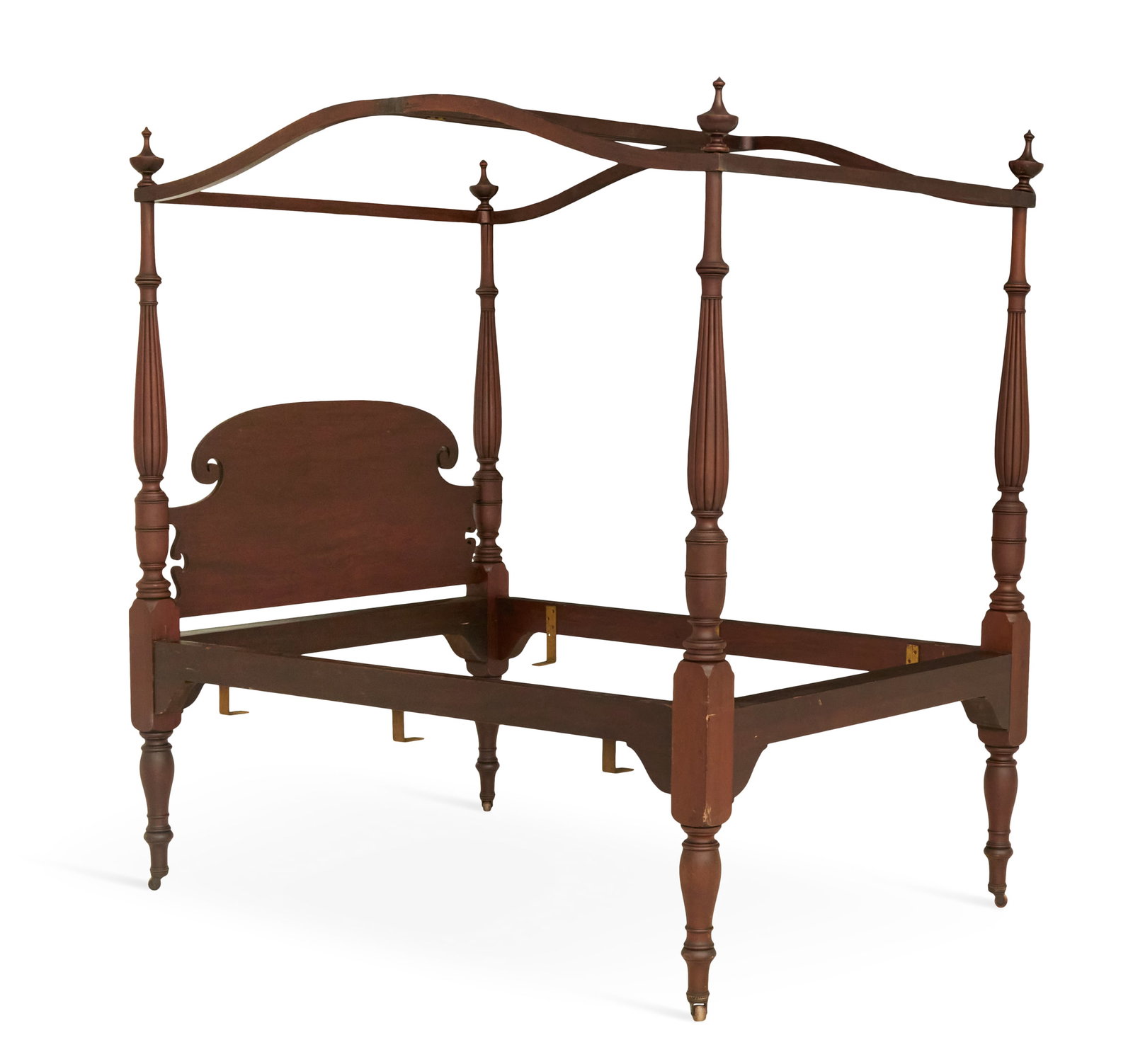 Early American-Style Mahogany Four-Post Bed: Early American-Style Mahogany Four-Post Canopy Bed ca. 1900, in the Sheraton taste, the arched canopy with turned finials at the corners, supported by turned and reeded posts, with a shaped headboard,