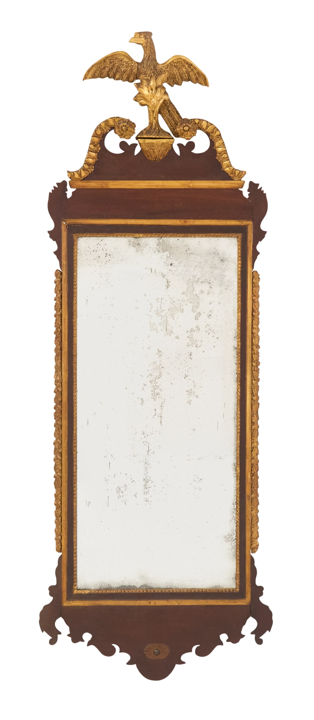 Colonial Revival "Constitution" Mirror: Colonial Revival Mahogany and Parcel-Giltwood "Constitution" Mirror late 19th/early 20th century, American or English, the giltwood-lined swan's-neck pediment set with a giltwood displayed eagle, over