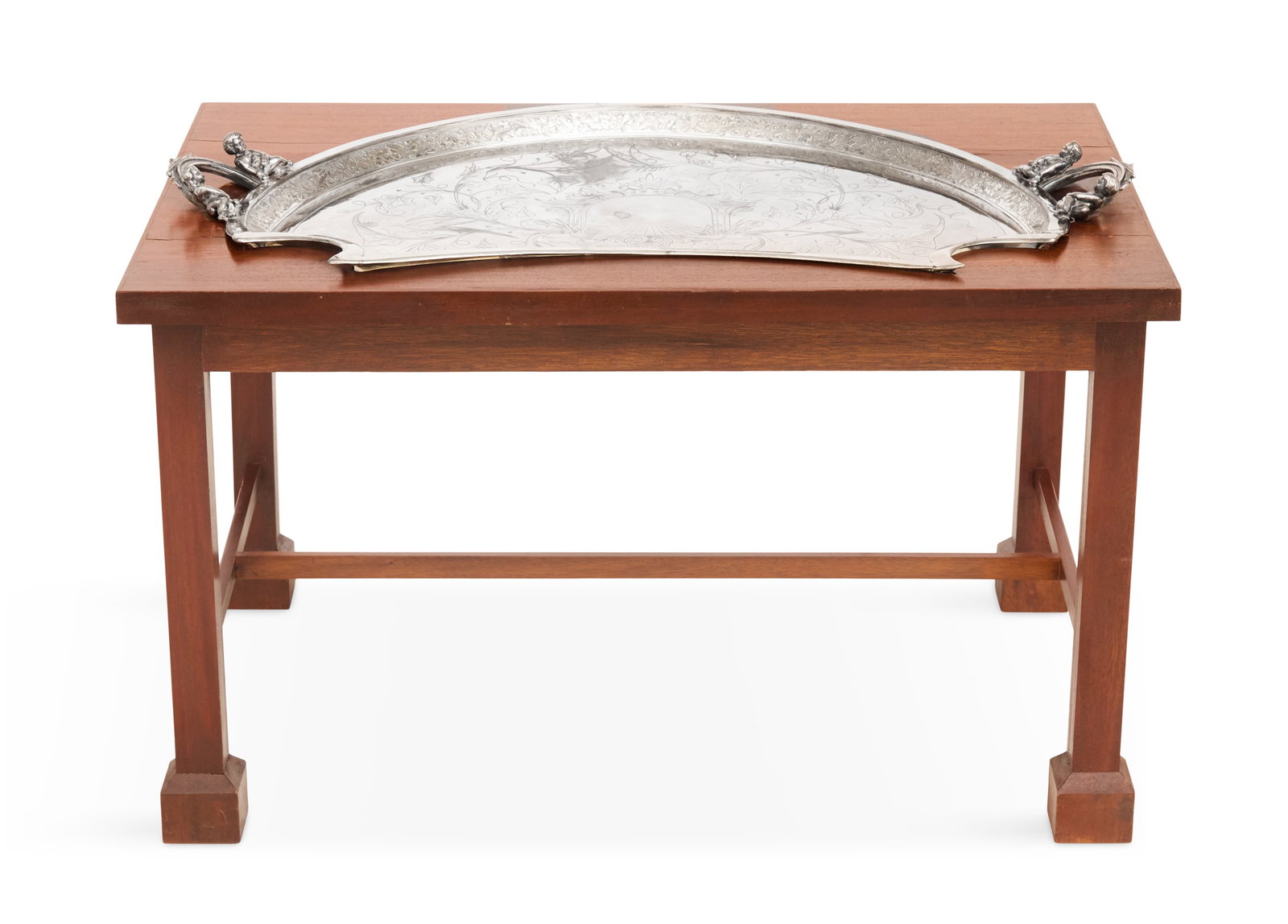 Silverplate Butler's Tray with Custom Stand: American Silverplate Butler's Tray with Custom Mahogany Stand the silverplate tray designed in 1876 by Augustus Conradt (1834-1892) for the Middletown Plate Co., Middletown, Connecticut, of cavetto