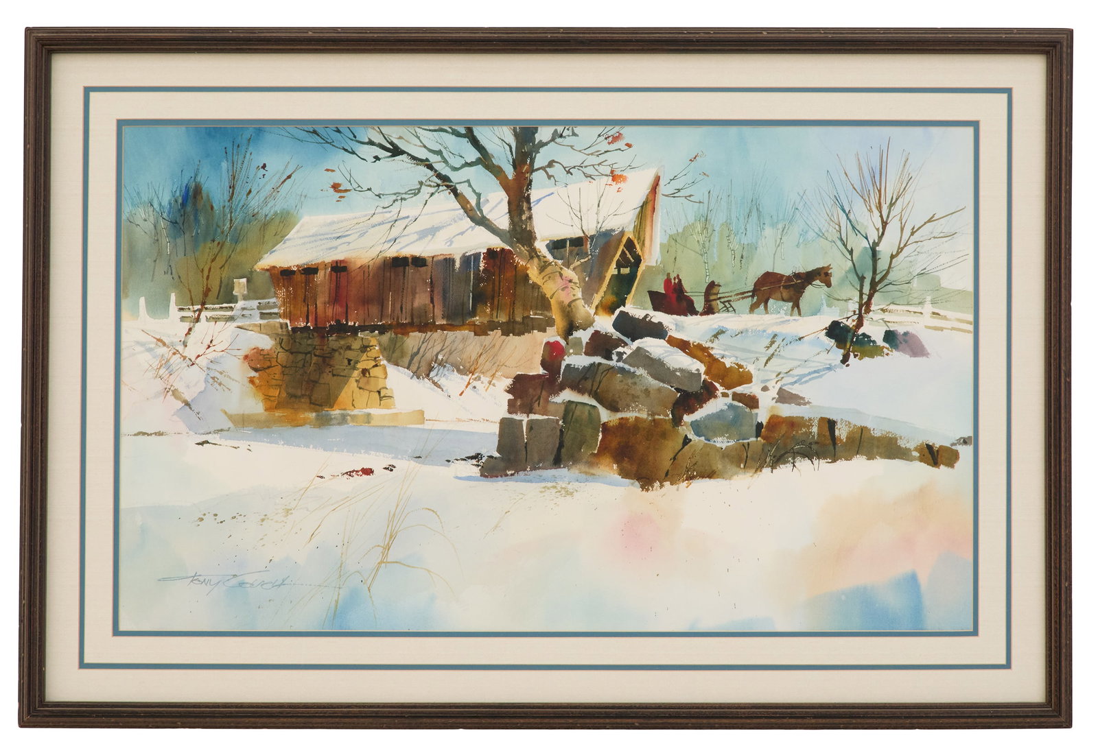Tony Couch (American, Contemporary): Tony Couch (American, Contemporary) "Dashing Through the Snow" watercolor on paper signed lower left. Matted, glazed and framed. sight 19" x 32", framed 26-1/2" x 39-1/2"