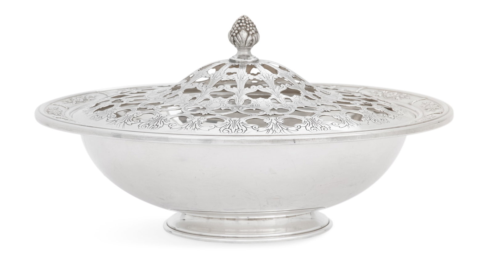American Sterling Silver Flower Bowl: American Sterling Silver Flower Bowl second quarter 20th century, by the Meriden-Britannia division of International Silver, Meriden, Connecticut, of circular form, the rim embossed with