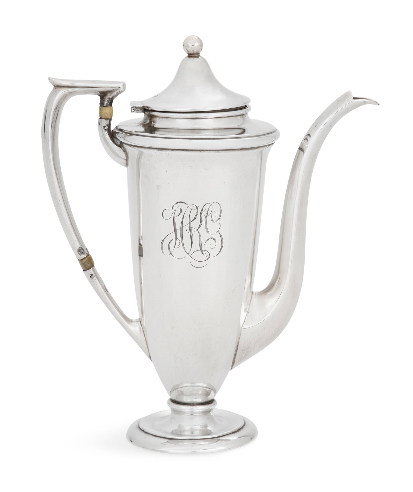 American Sterling Silver Demitasse Coffeepot: American Sterling Silver Demitasse Coffeepot second quarter 20th century, by Dominick & Haff, New York, New York, in the Colonial Revival taste, the tall, narrow body with squared handle, "gooseneck"