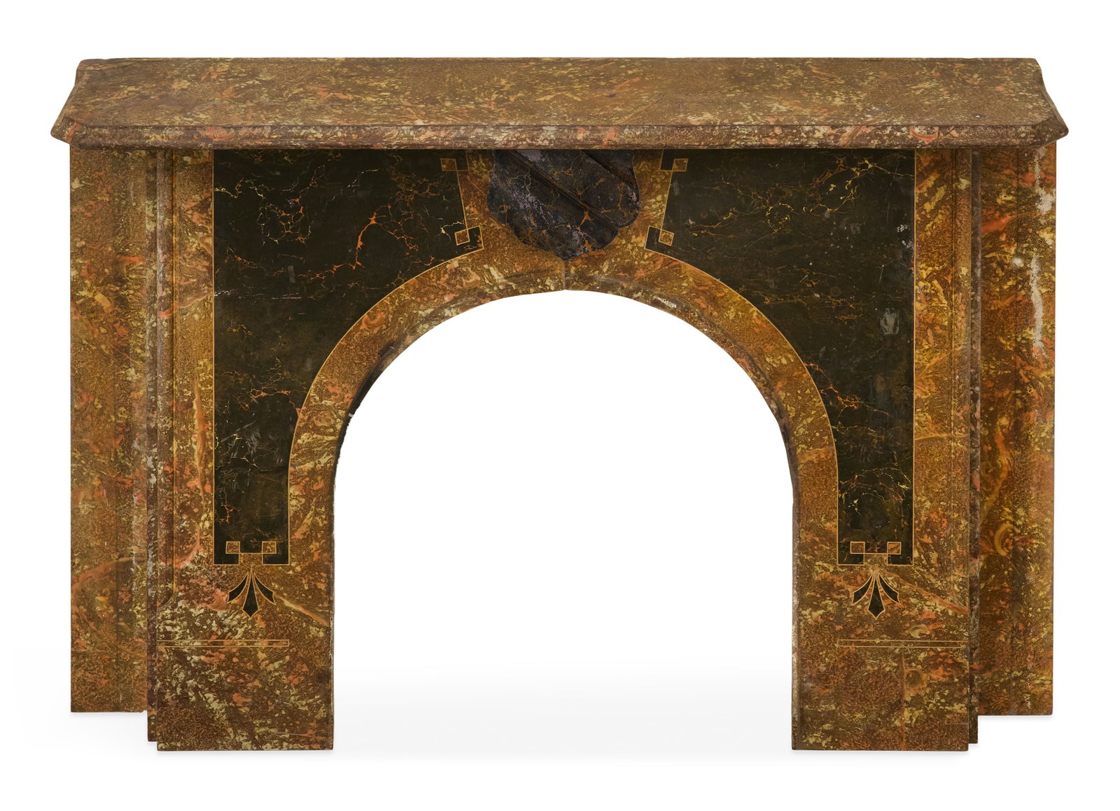 American Aesthetic Marble Fireplace Surround: American Aesthetic Marble Fireplace Surround fourth quarter 19th century, the two-toned marble with incised details and carved keystone, with an arched opening. h. 43-1/2", w. 60", d. 12"