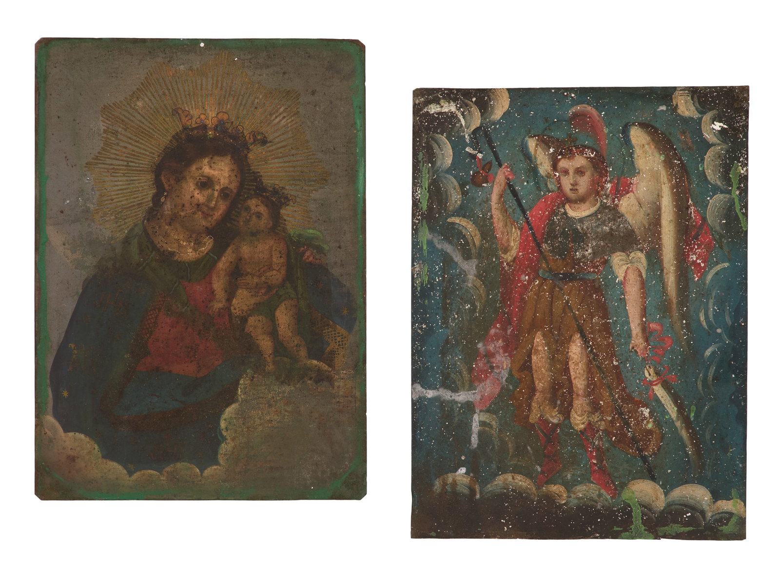 Pair of Latin American Retablos: Pair of Latin American Retablos 19th century, hand-painted tin, one decorated with the archangel Michael holding a staff, and the other of Mary and the infant Jesus, a halo behind their heads. h.