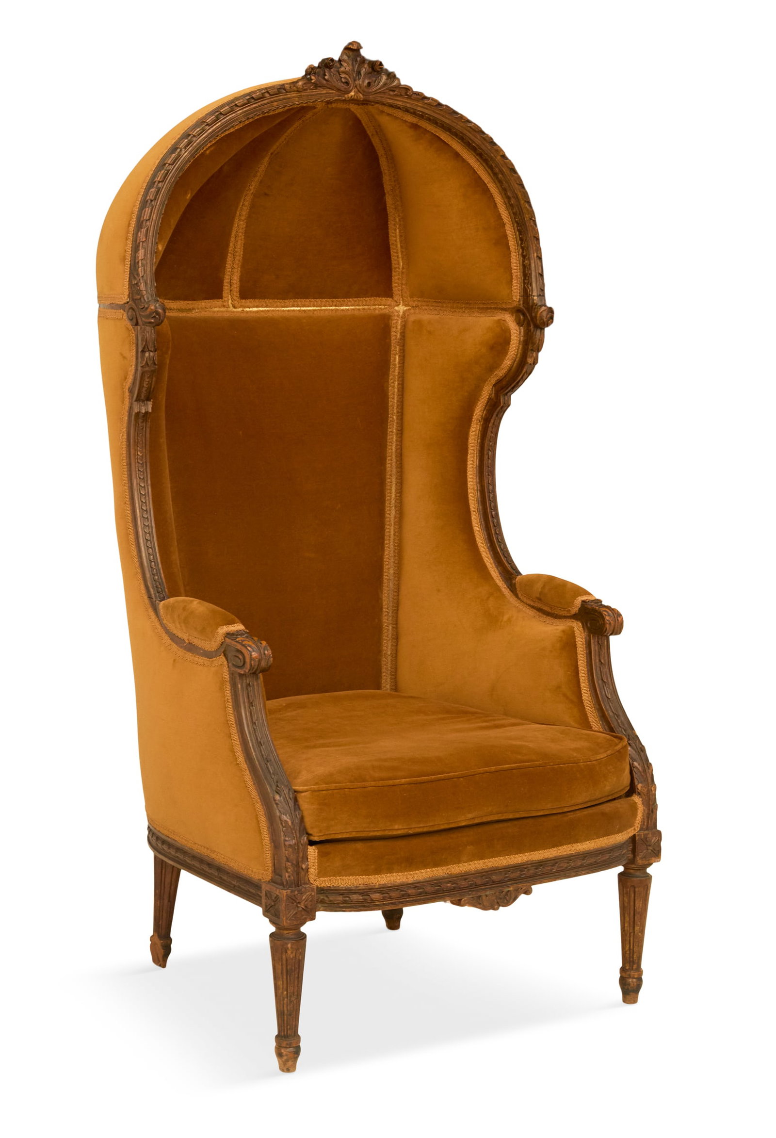 Louis XVI-Style Fruitwood Porter's Chair: Louis XVI-Style Fruitwood Porter's Chair early 20th century, with a domed, hooded top and padded interior, carved frame with acanthine hand grips, and fitted with a loose seat cushion, raised on turne