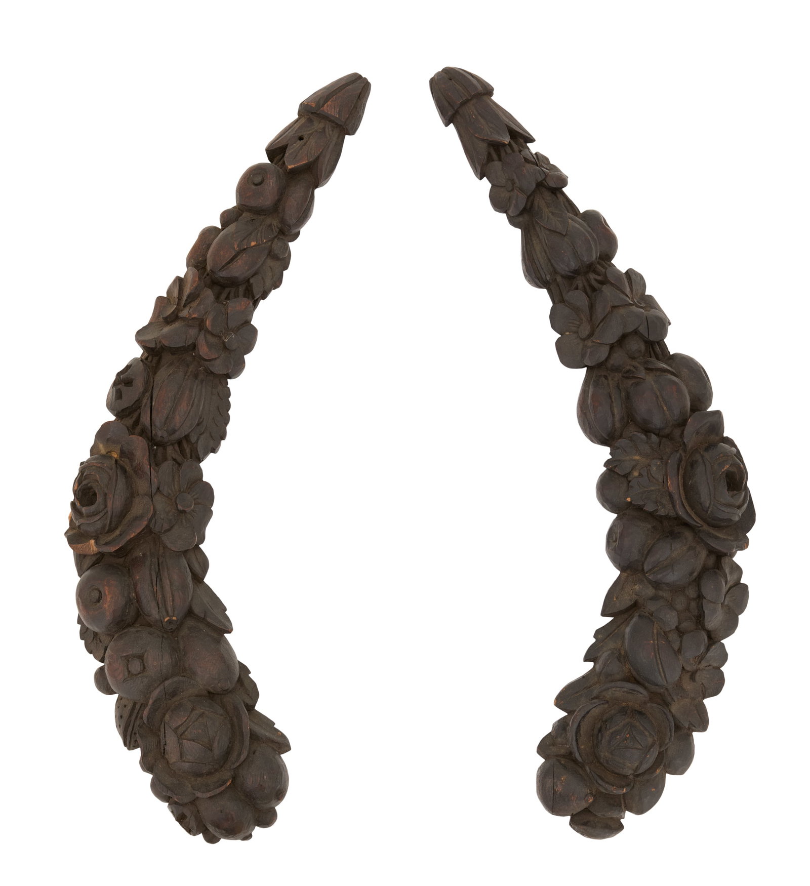 Pair of Italian Carved Oak Swags: Pair of Italian Carved Oak Swags 19th century, in the Baroque taste, the curved swags carved with fruits and flowers. w. 5", l. 30-1/2" Provenance: Kevin Stone Antiques, The Collection of Kevin Stone 