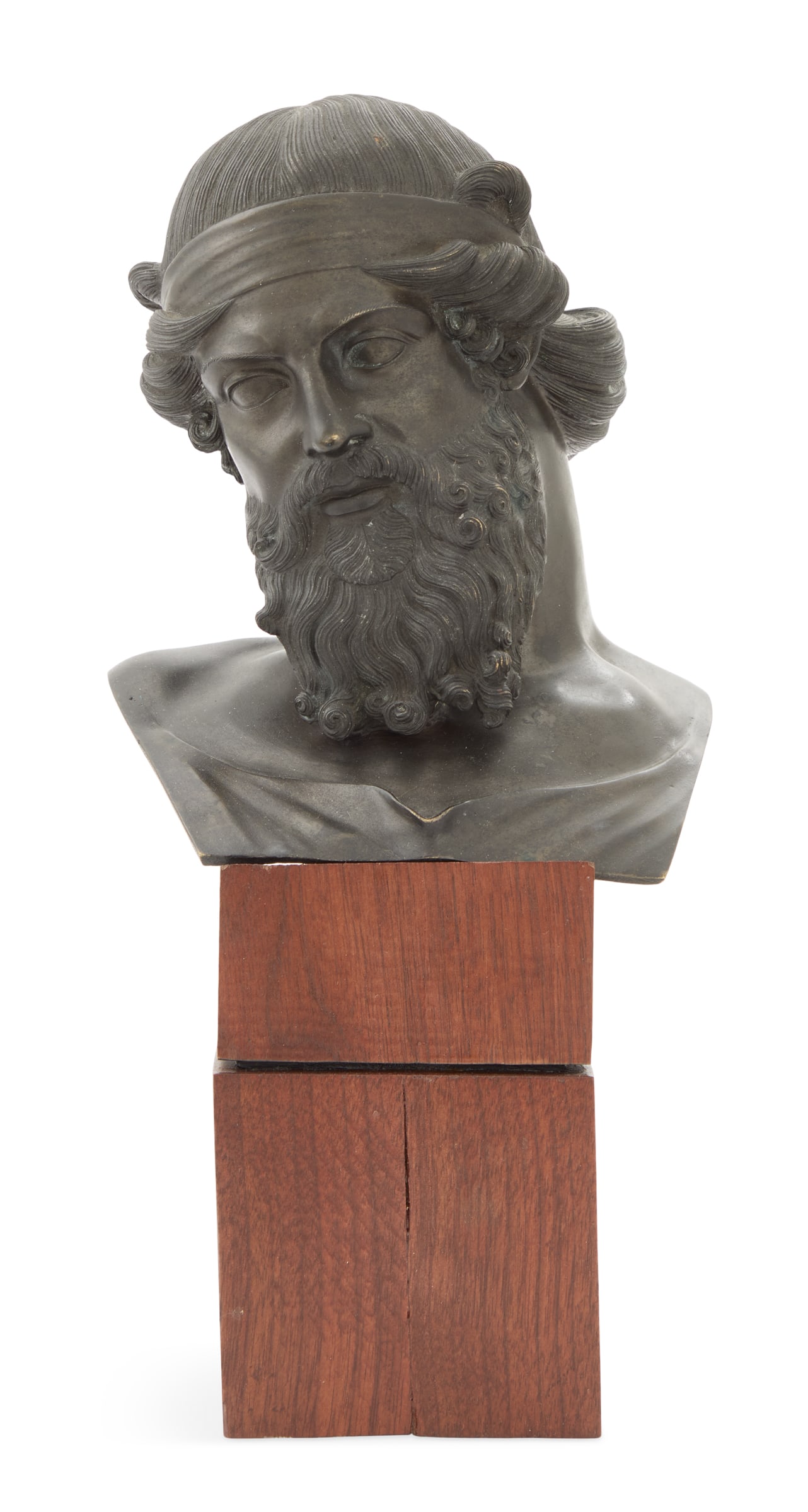 Grand Tour Bust of Dionysus (Formerly Plato): Italian Grand Tour Bust of Dionysus (Formerly Plato) 19th century, Naples, patinated metal, variant after the undated ancient Roman bronze bust excavated at the Villa of Papyri in Herculaneum, Italy, 