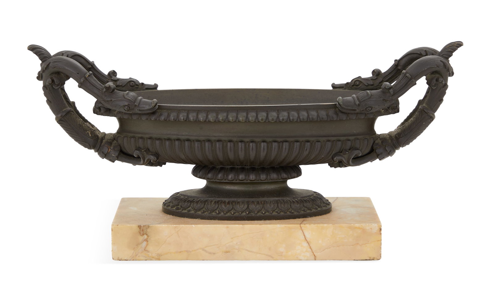 French Bronze Patine and Marble Urn: French Bronze Patine and Marble Urn 19th century, the elegant oval urn with scrolled handles decorated with anthemia and terminating in swan's heads, the body decorated with reeding on a lotus-molded 