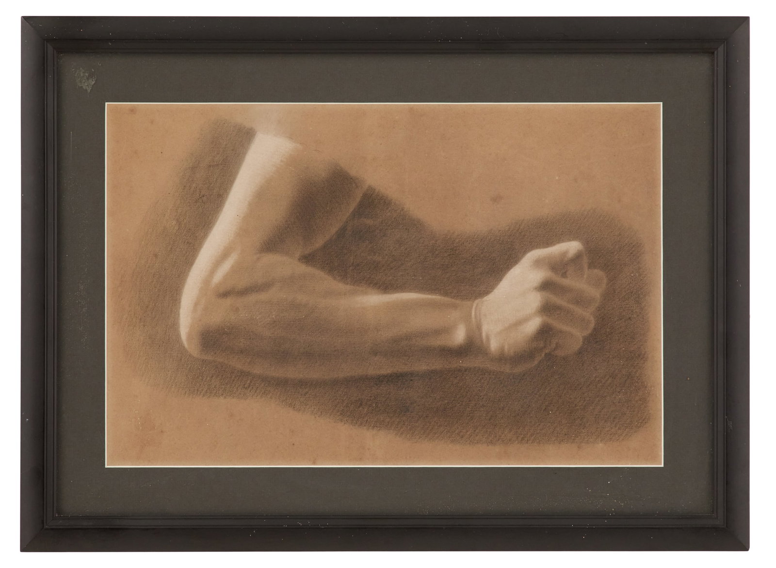 Continental School (ca. 1900): Continental School ca. 1900 "Study of an Arm" chalk on paper unsigned. Matted, glazed and framed. sight 13" x 19-1/2", framed 19" x 26" Provenance: Kevin Stone Antiques, The Collection of Kevin Stone 