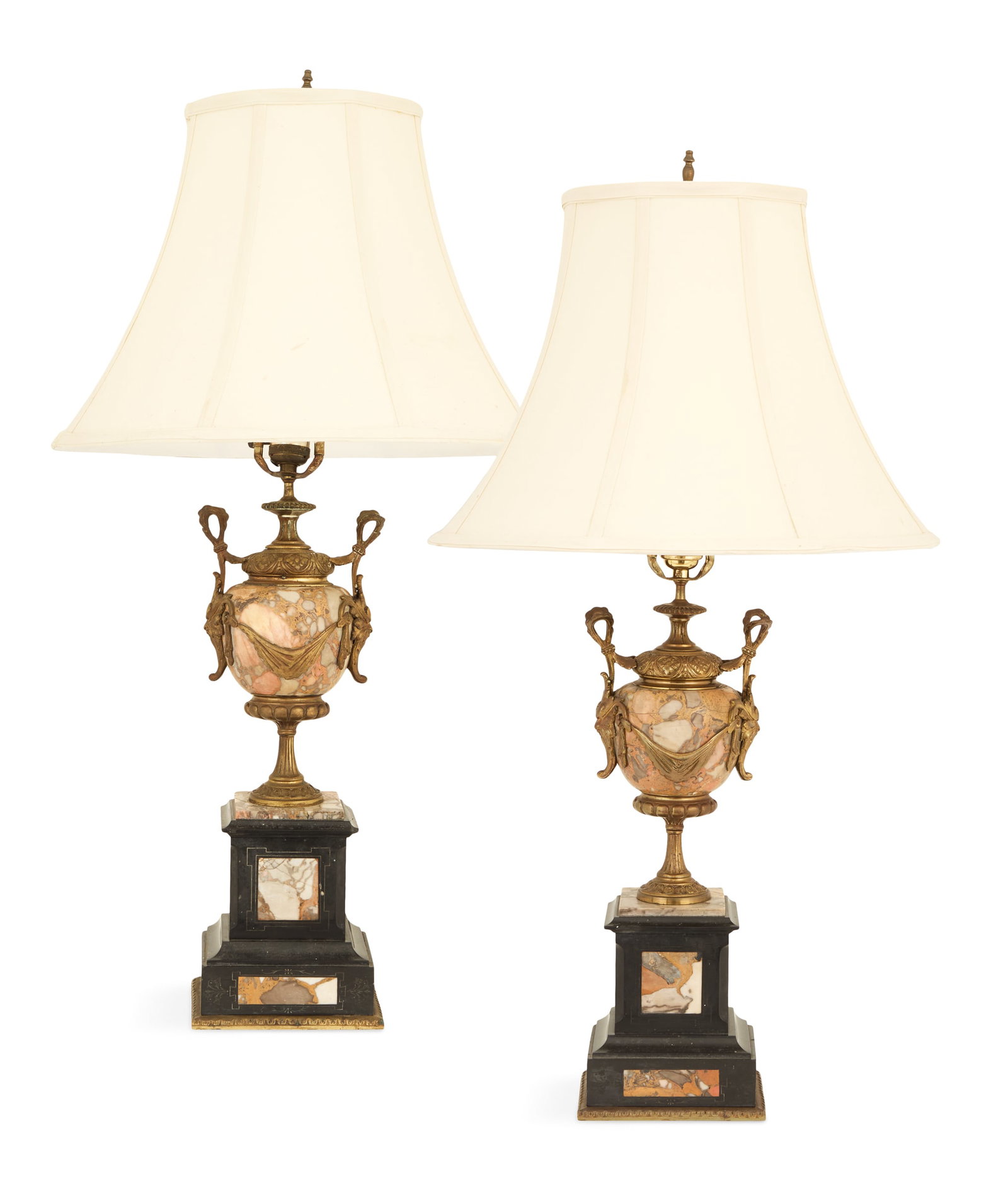 Pair of French Bronze and Marble Lamps: Pair of French Bronze and Marble Lamps late 19th century and later, the Belle Epoque Masso Capolavoro marble urns mounted with bronze masque-form handles and swags, on black marble bases mounted with 