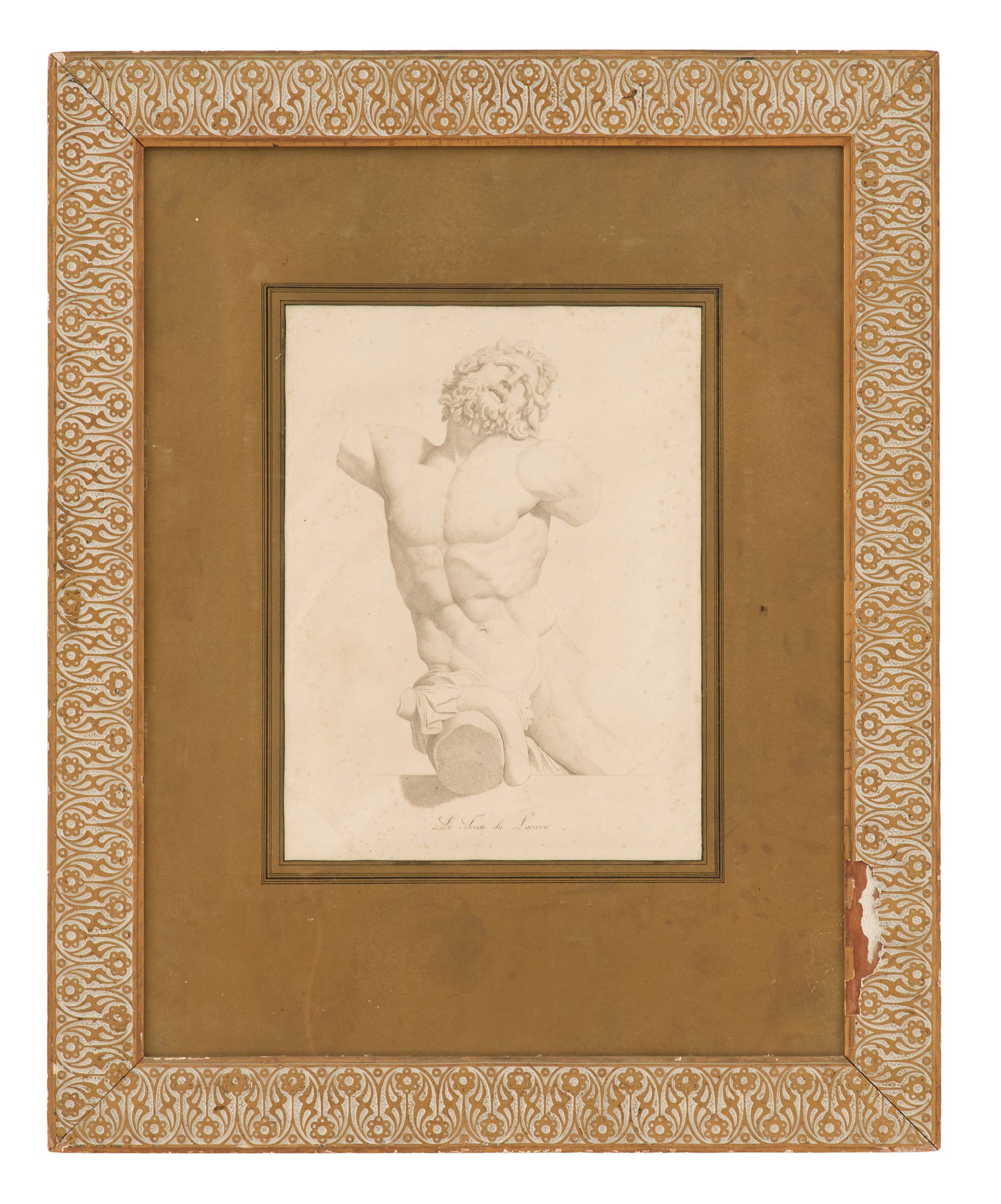 French Etching of "Le Torse du Laocoon": French Etching of "Le Torse du Laocoon" 19th Century after the ca. 1st century CE sculptural group now conserved at the Musei Vaticani, Roma. Matted, glazed and framed. sight 19-3/4" x 15", framed 39-