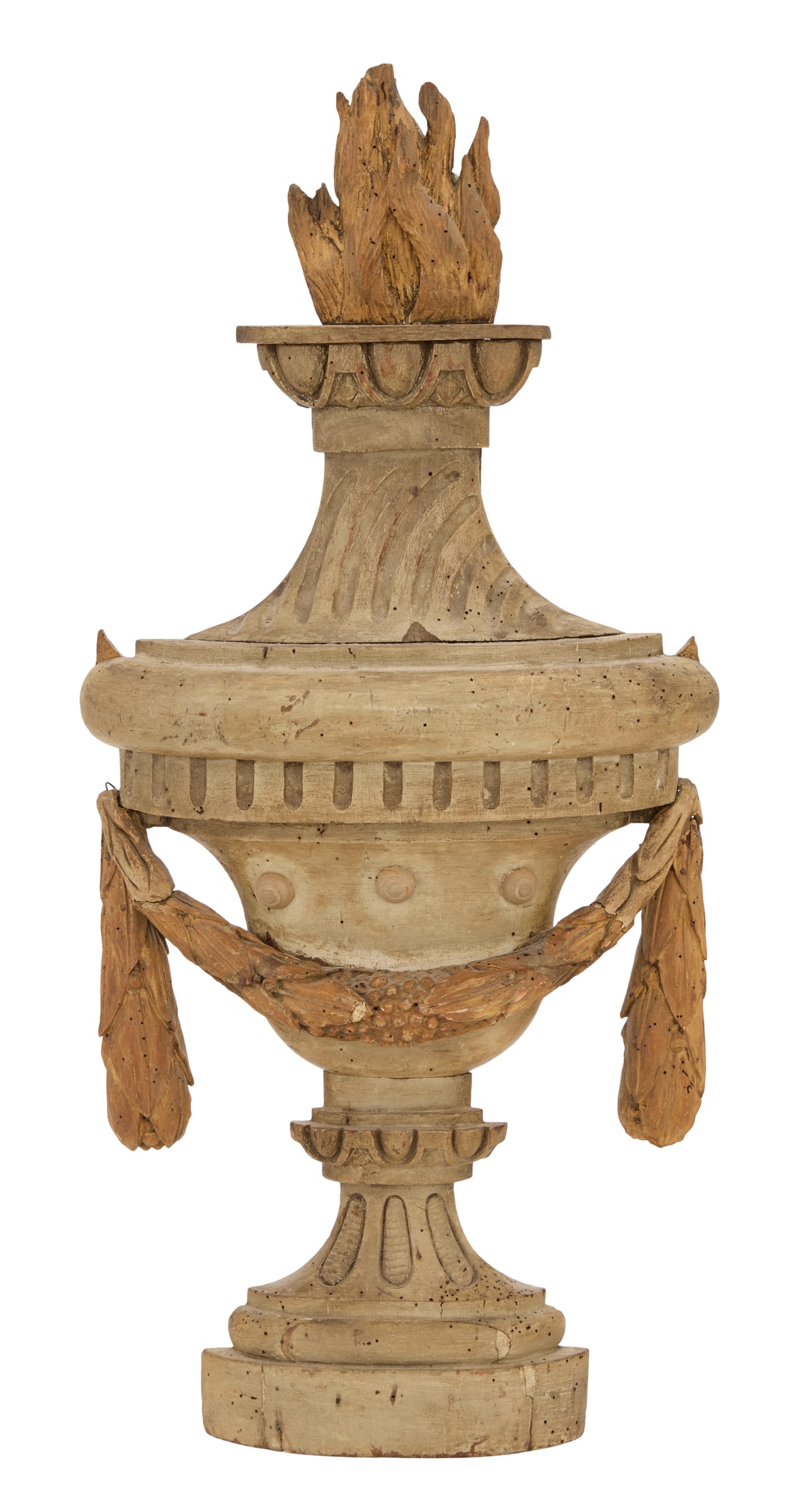 French Carved Wood Applique: French Carved Wood Applique in the Neoclassical Taste 19th century, the urn-form applique with a flame finial, over a spiral-fluted upper portion, carved with swags of fruit and laurel leaves below. h